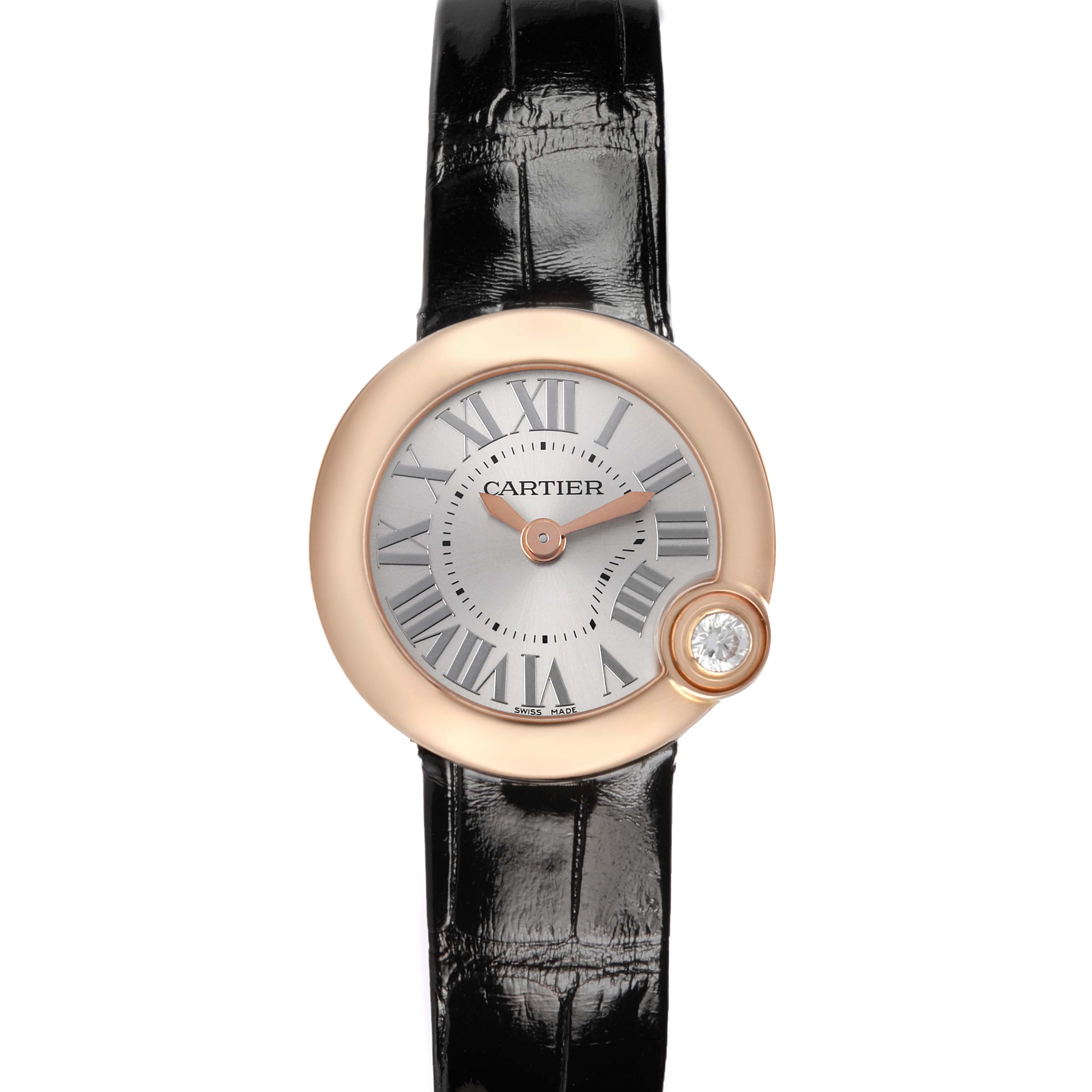 The Cartier Ballon Blanc WGBL0002 Women's Rose Gold Silver Dial watch is shown from the front, highlighting its dial, Roman numerals, and a diamond accent.