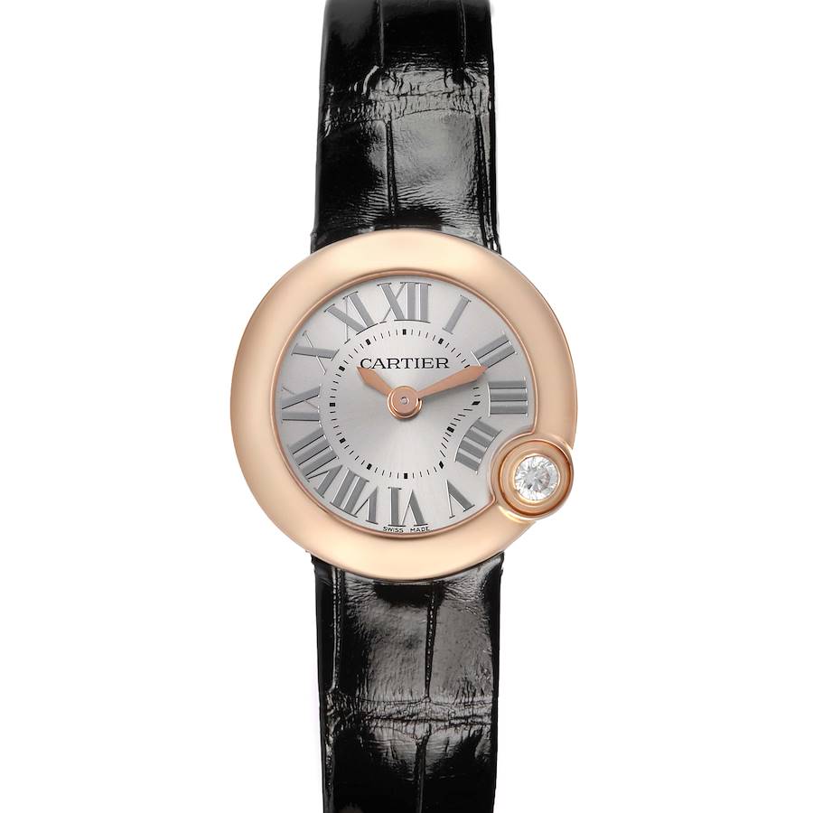 The Cartier Ballon Blanc WGBL0002 Women's Rose Gold Silver Dial watch is shown from the front, highlighting its dial, Roman numerals, and a diamond accent.