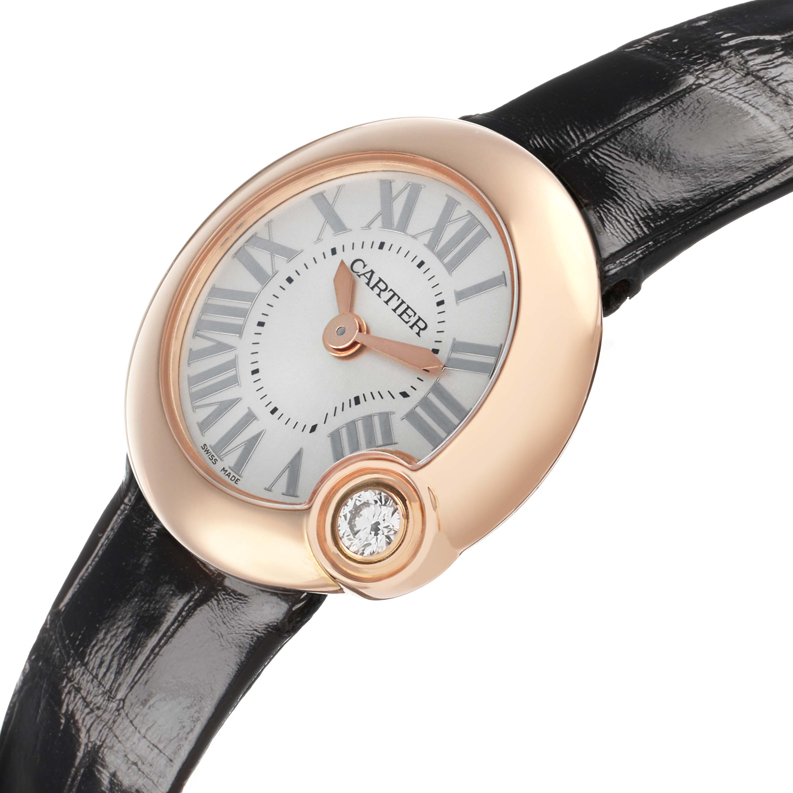 The Cartier Ballon Blanc WGBL0002 Women's Rose Gold Silver Dial watch is shown at a slight angle, highlighting the face, case, and diamond accent with a black strap.