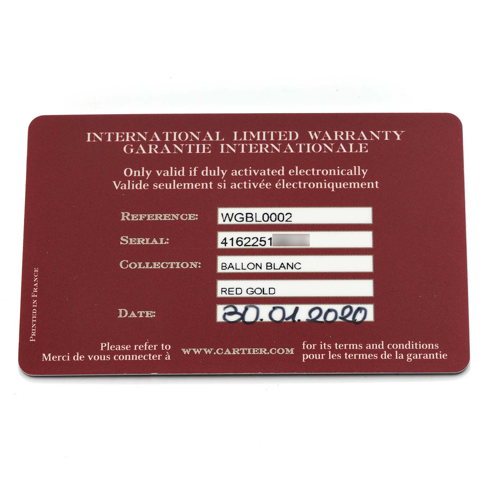 The image shows an International Limited Warranty card for a Cartier Ballon Blanc WGBL0002 Women's Rose Gold Silver Dial watch, detailing reference, serial number, and date.
