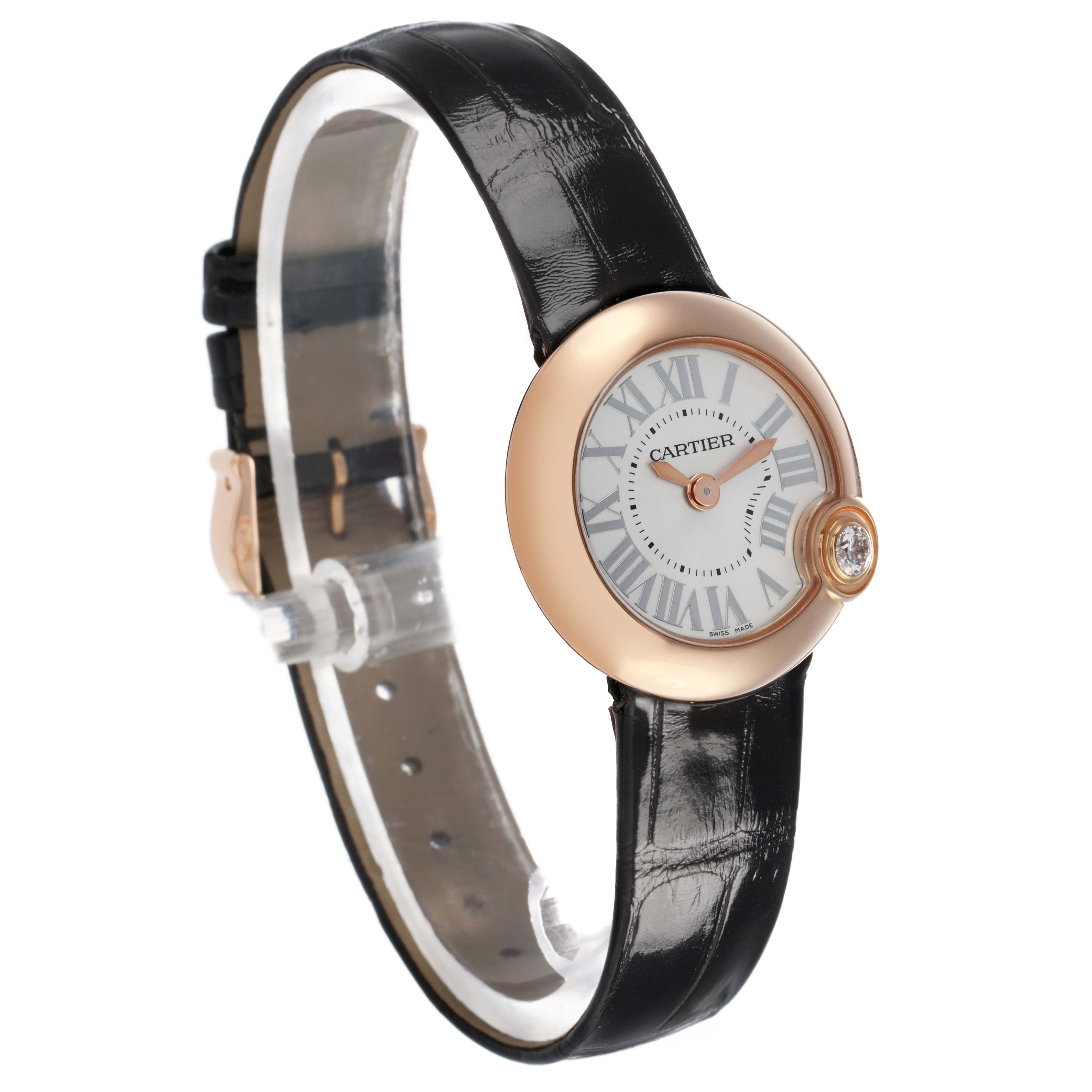 The Cartier Ballon Blanc WGBL0002 Women's Rose Gold Silver Dial watch is shown at an angle highlighting the face, bezel, and leather strap.