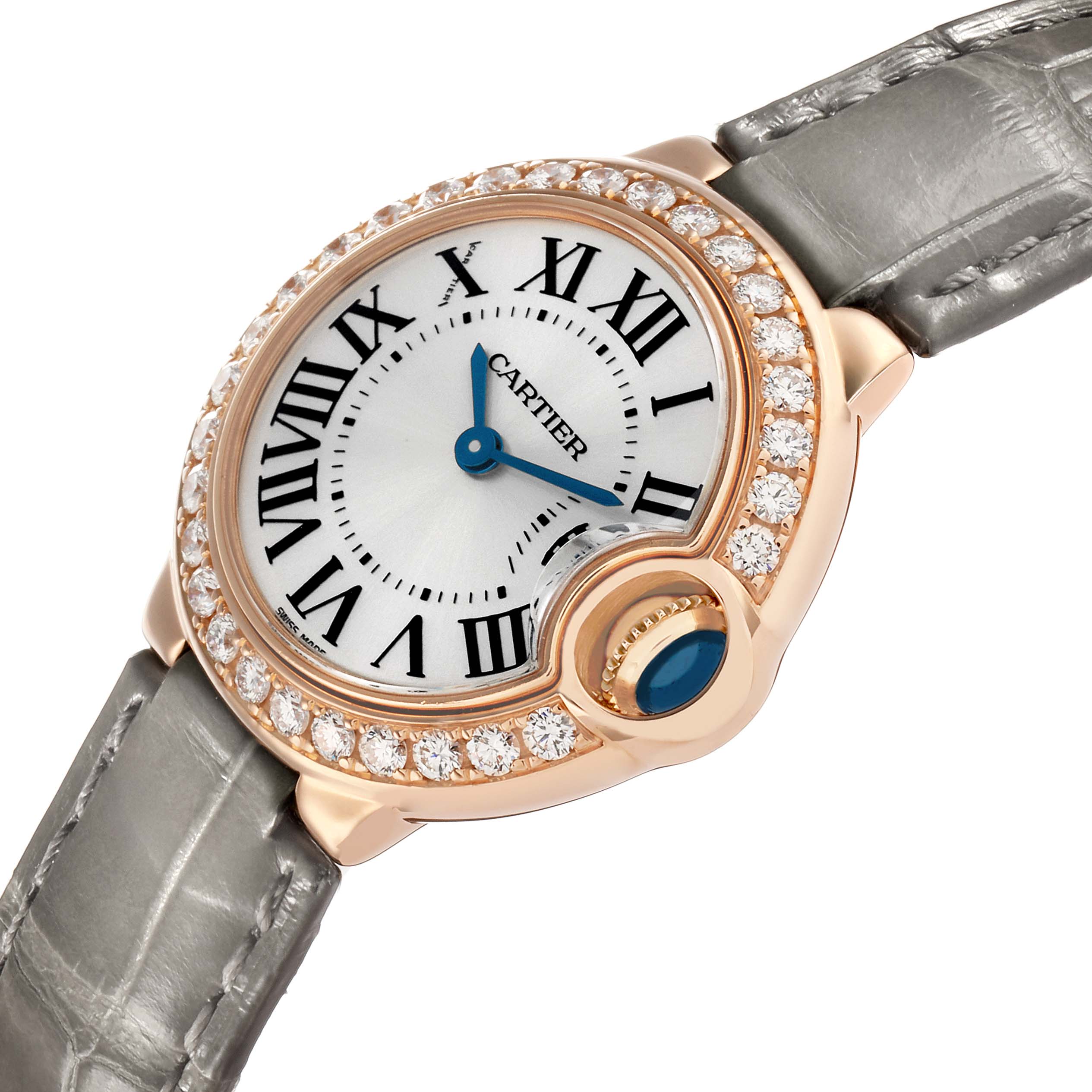The Cartier Ballon Bleu WE900251 Women's Rose Gold Silver Dial watch is shown at an angled view, highlighting the face, crown, and diamond-accented bezel.