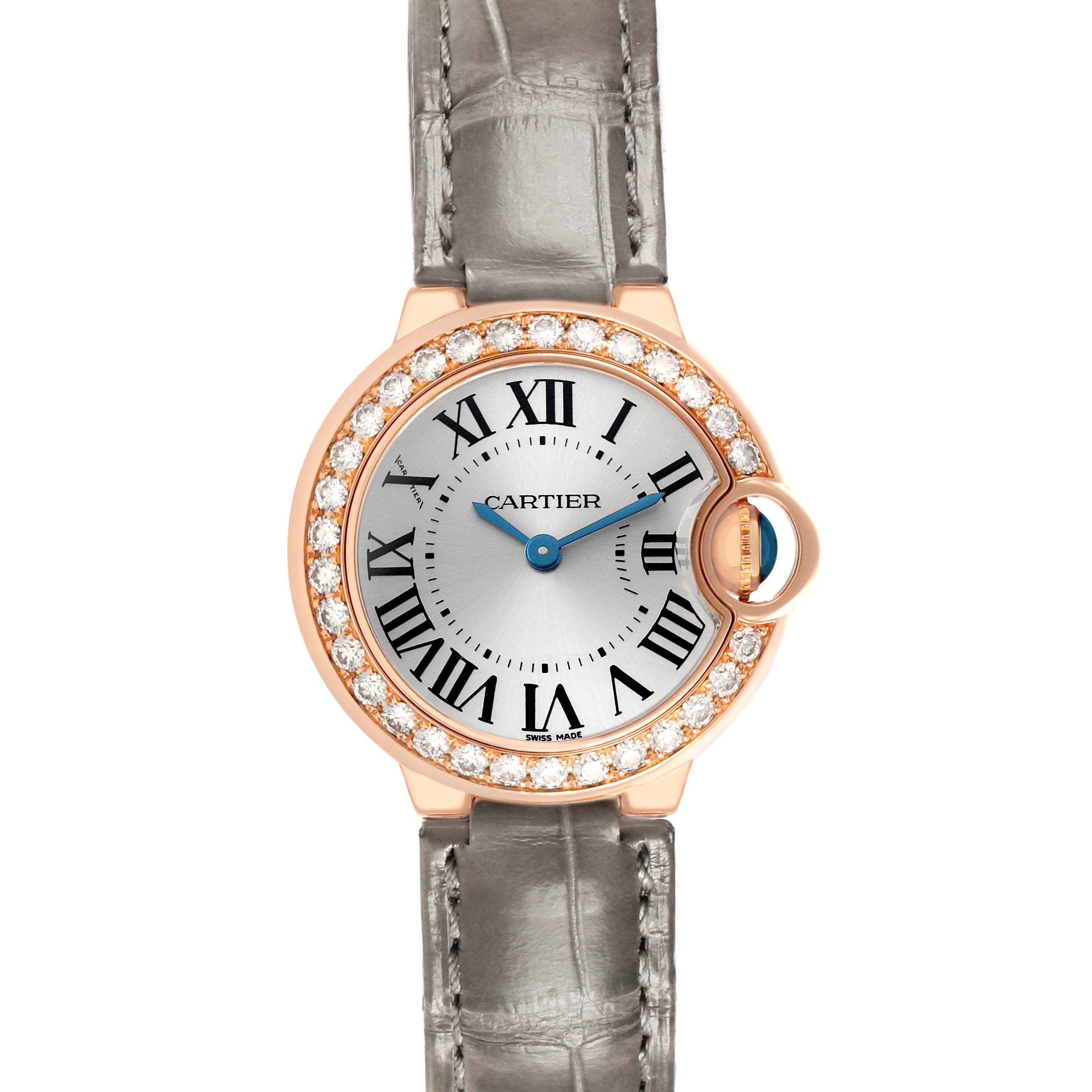 The Cartier Ballon Bleu WE900251 Women's Rose Gold Silver Dial watch is shown from the front, displaying the face, bezel with diamonds, and strap.
