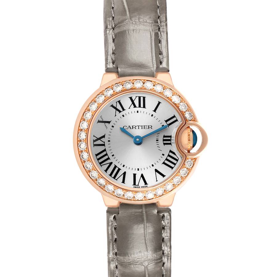 The Cartier Ballon Bleu WE900251 Women's Rose Gold Silver Dial watch is shown from the front, displaying the face, bezel with diamonds, and strap.