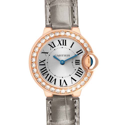 The Cartier Ballon Bleu WE900251 Women's Rose Gold Silver Dial watch is shown from the front, highlighting its face, diamond bezel, and partial strap.