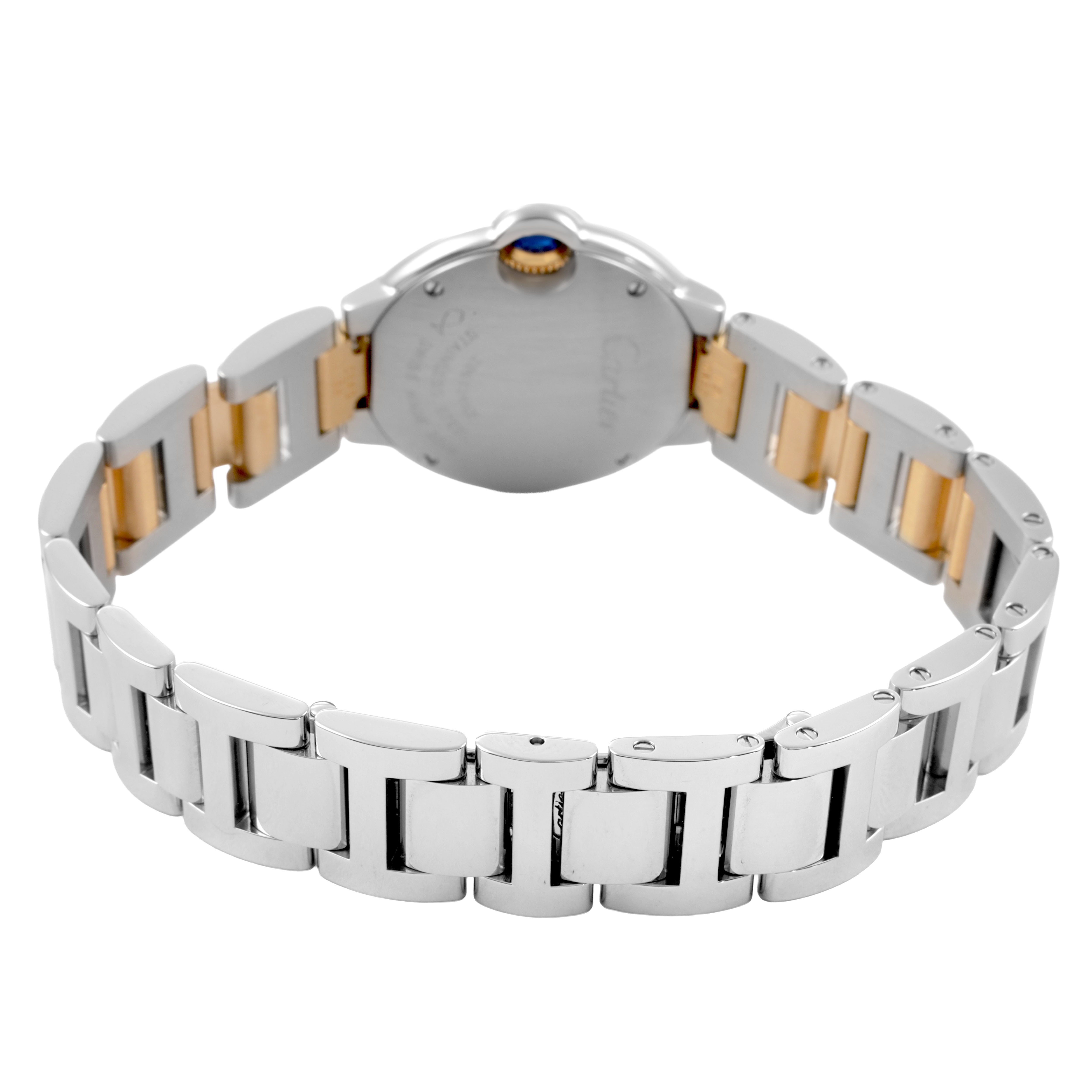 The image shows the back of a Cartier Ballon Bleu W69007Z3 Women's Steel and Gold (two tone) Silver Dial watch, highlighting its bracelet and engraved case back.