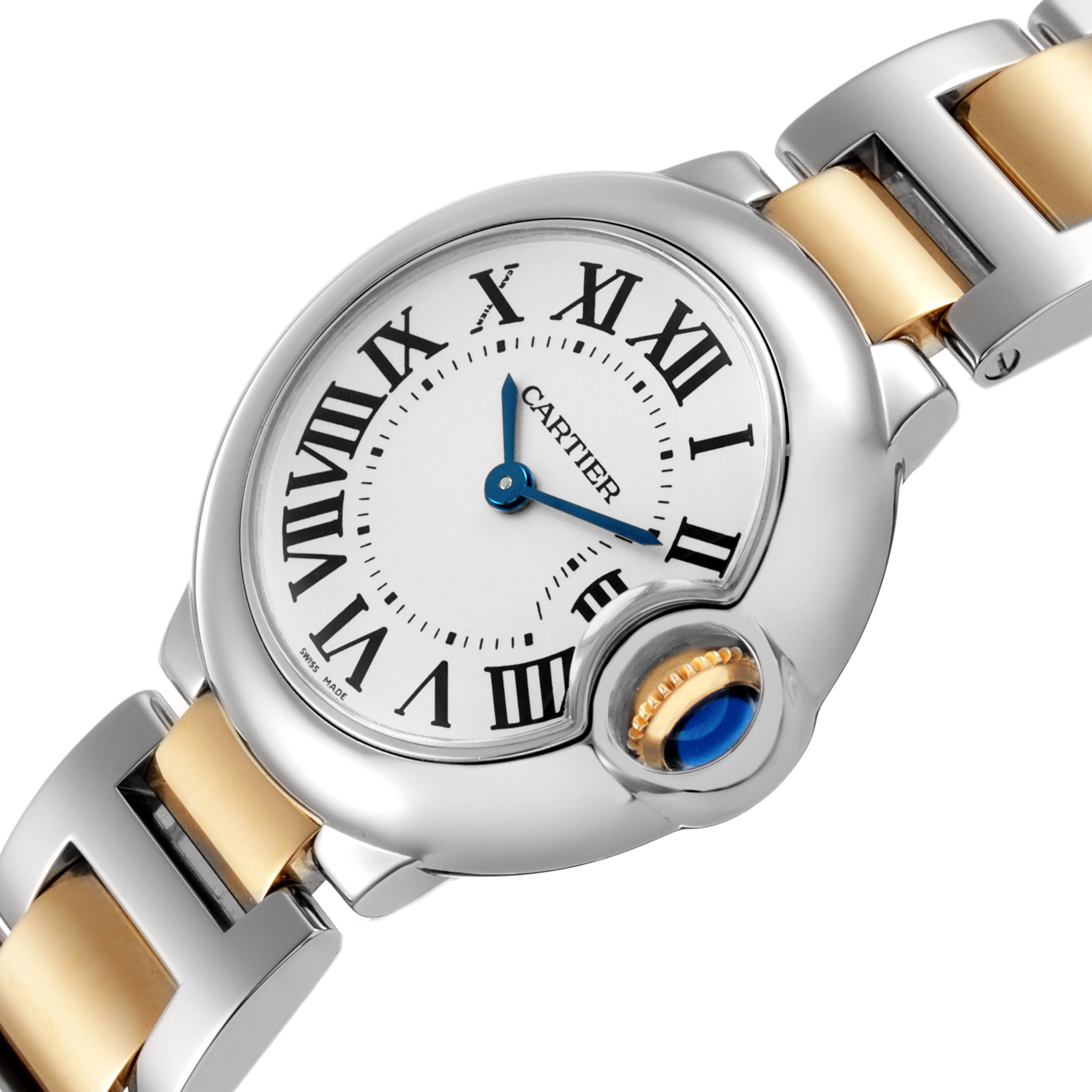 The Cartier Ballon Bleu W69007Z3 Women's Steel and Gold (two tone) Silver Dial watch is shown at an angled view, highlighting its face, blue hands, Roman numerals, crown, and bracelet.