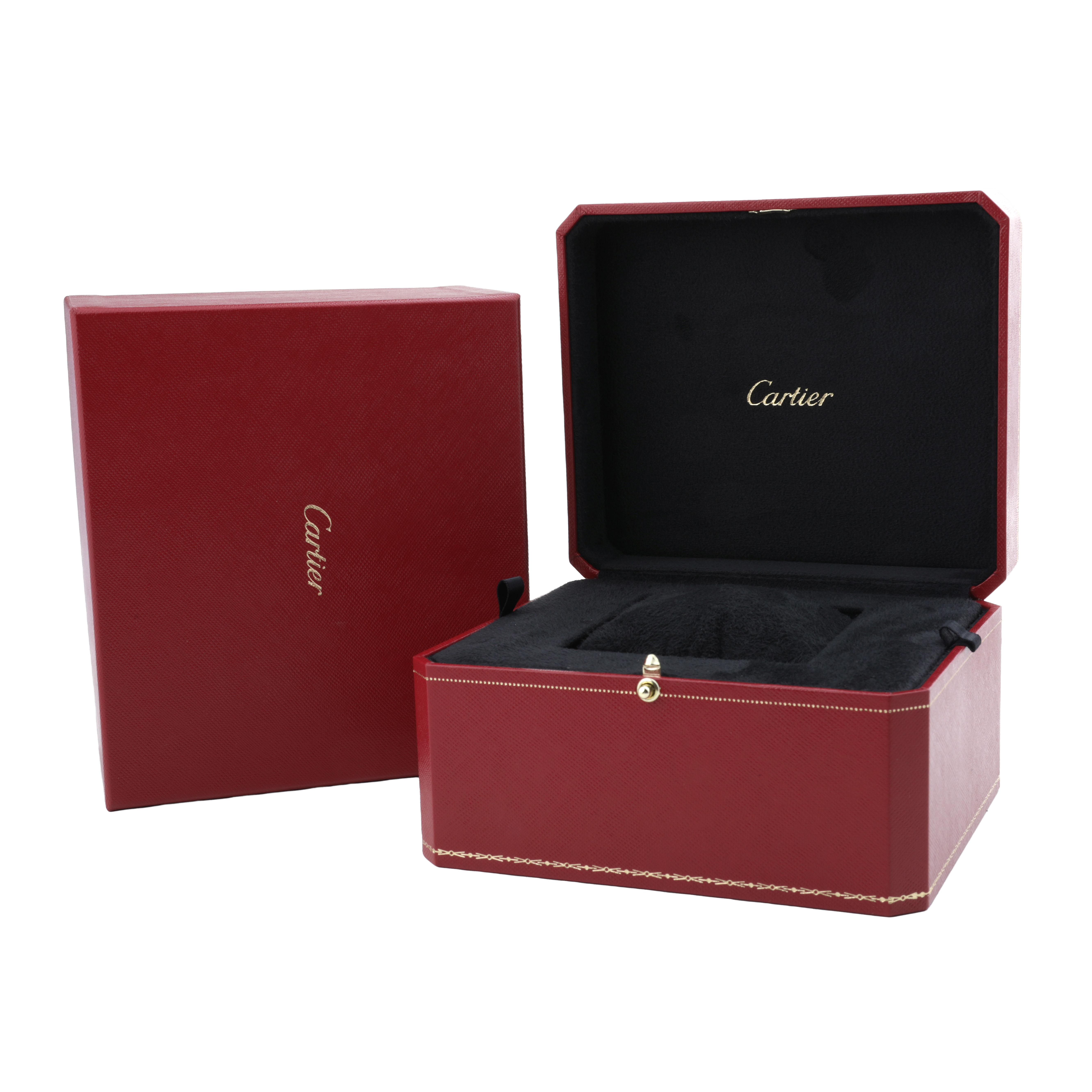 The image shows a Ballon Bleu by Cartier watch box, open to reveal a plush interior for holding the watch.