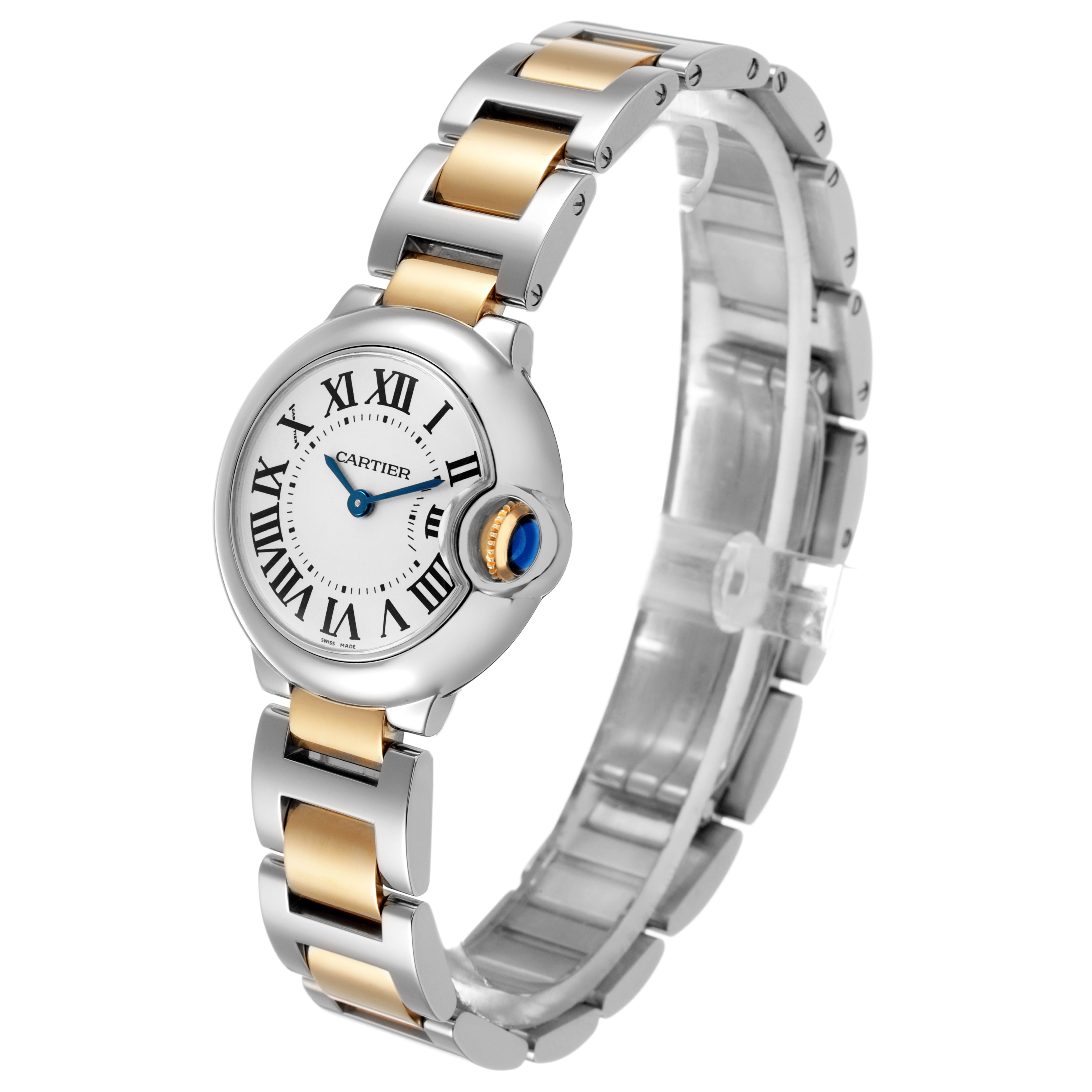 The Cartier Ballon Bleu W69007Z3 Women's Steel and Gold (two tone) Silver Dial watch is shown at a three-quarter angle, highlighting its face, two-tone bracelet, and distinctive crown.