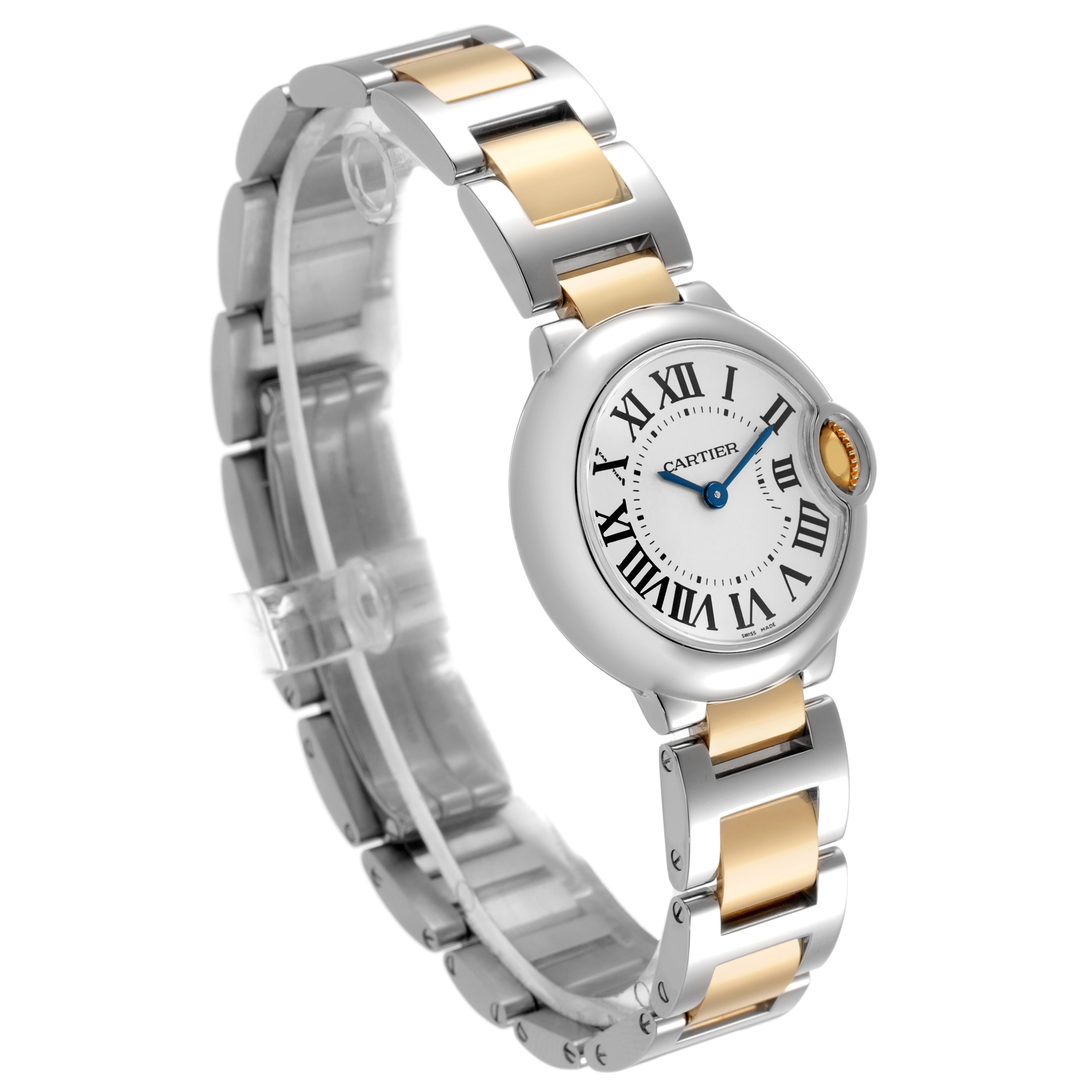 The Cartier Ballon Bleu W69007Z3 Women's Steel and Gold (two tone) Silver Dial watch is shown at a three-quarter angle, highlighting the face, crown, and two-tone bracelet.