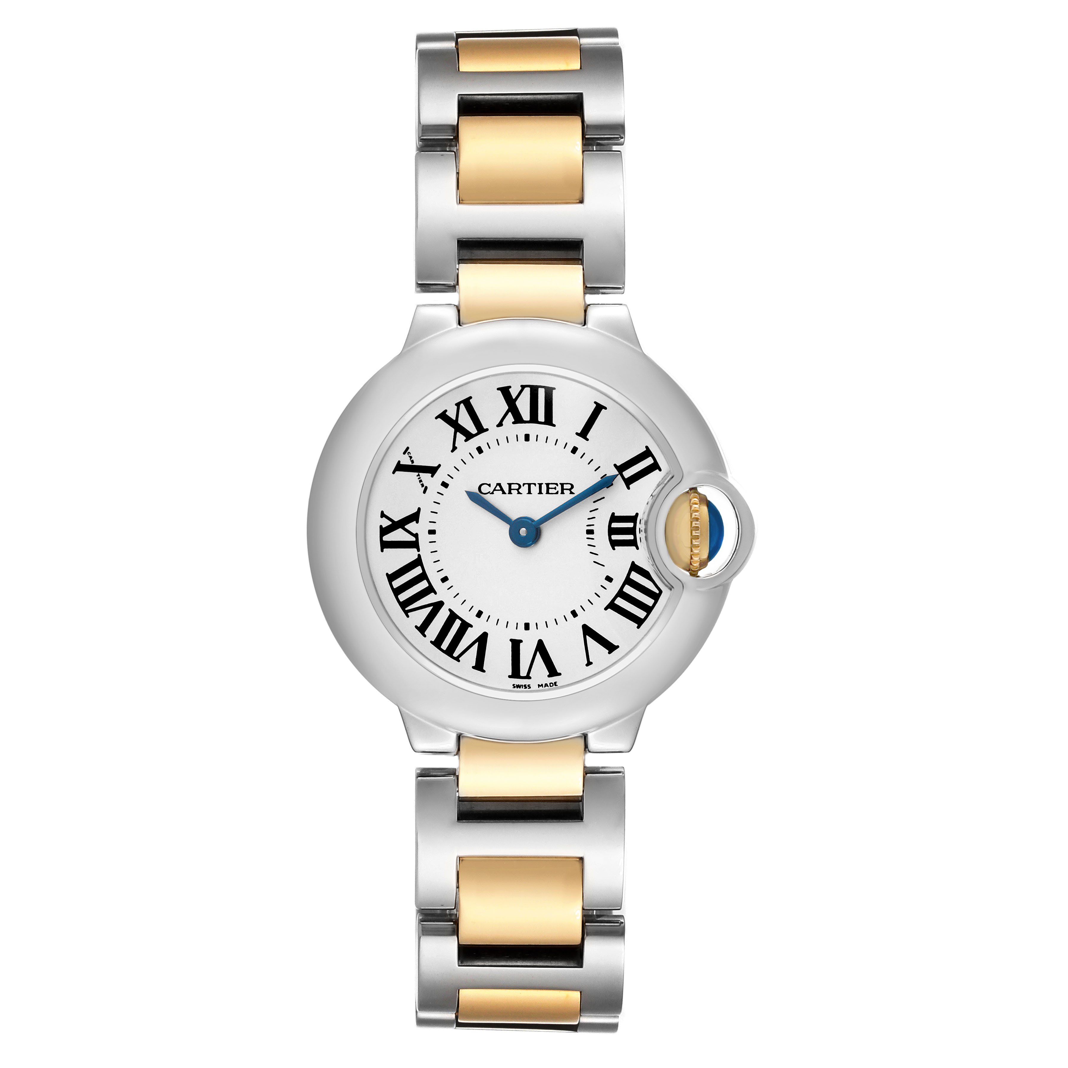 The Cartier Ballon Bleu W69007Z3 Women's Steel and Gold (two tone) Silver Dial watch is shown from a front view, highlighting its round face and bi-metal bracelet.