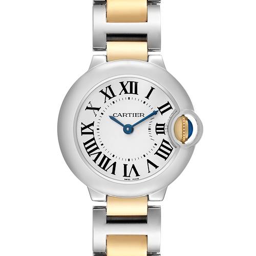 The Cartier Ballon Bleu W69007Z3 Women's Steel and Gold (two tone) Silver Dial watch is shown from a front angle, highlighting its round case, Roman numerals, and two-tone bracelet.