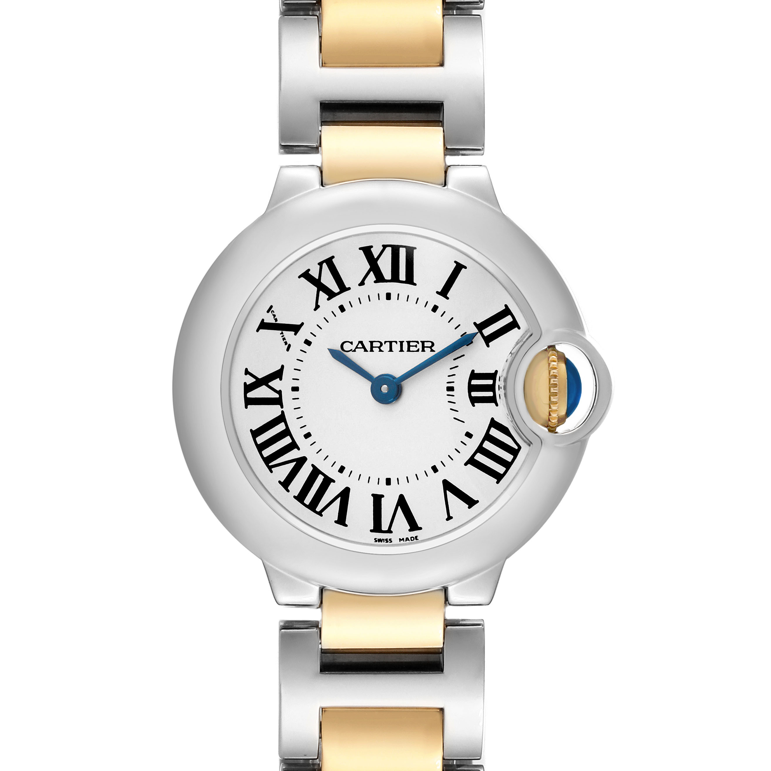 The Cartier Ballon Bleu W69007Z3 Women's Steel and Gold (two tone) Silver Dial watch is shown from the front, highlighting its face, Roman numerals, and two-tone bracelet.