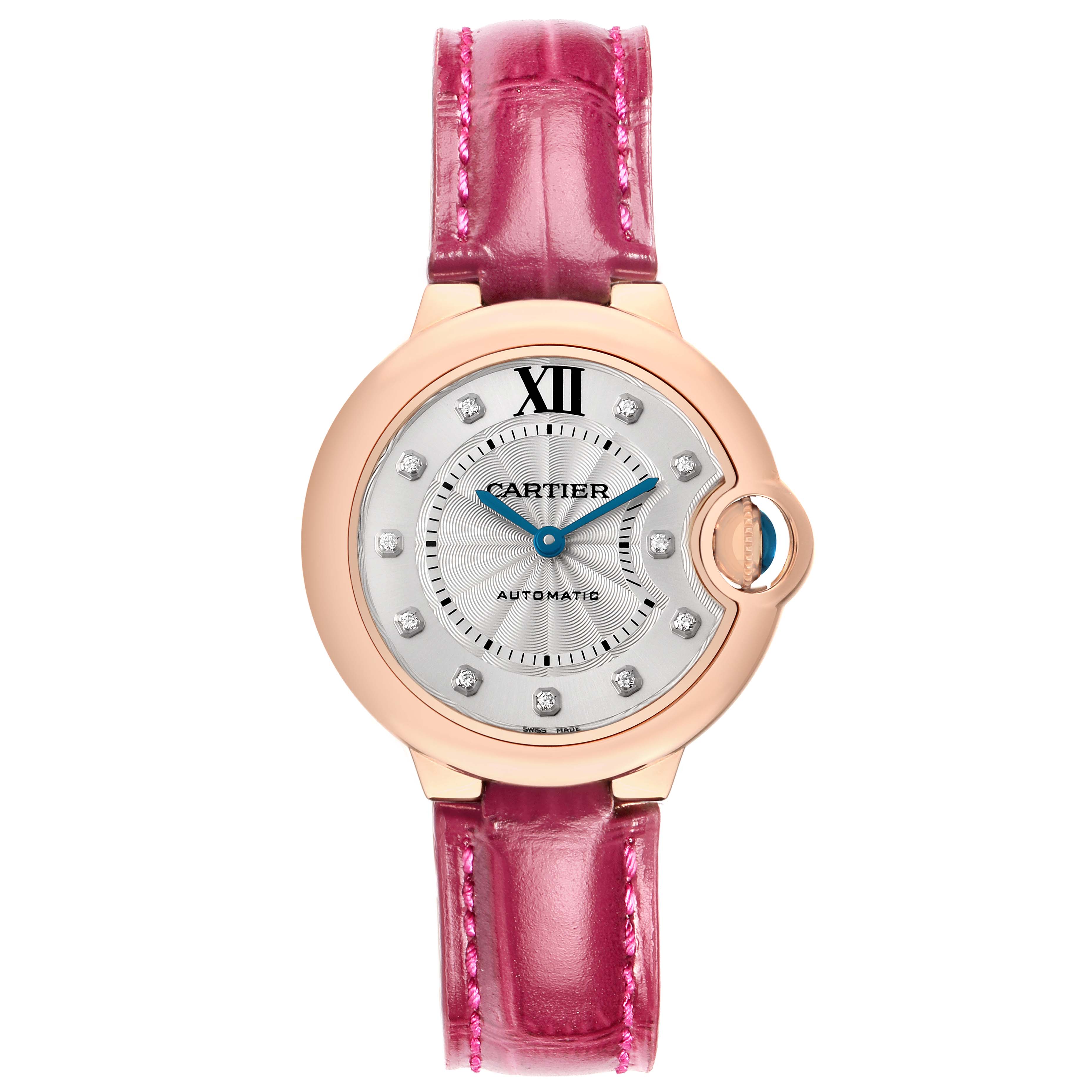 The Cartier Ballon Bleu WE902063 Women's Rose Gold Silver Dial watch is shown from a top-down angle, displaying its pink strap and round face detailing.