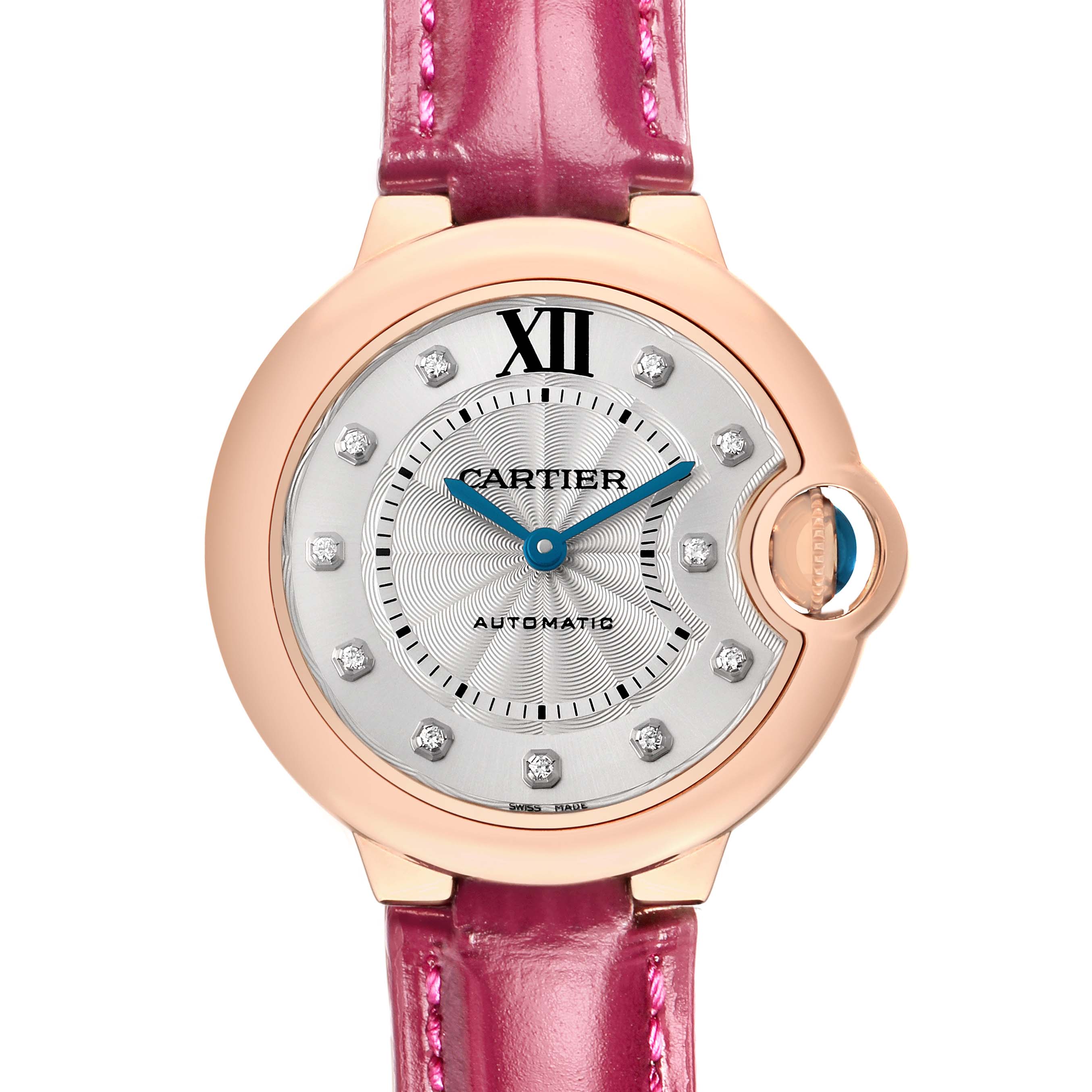 The Cartier Ballon Bleu WE902063 Women's Rose Gold Silver Dial watch is shown from a front angle, highlighting the dial, hands, and pink strap.