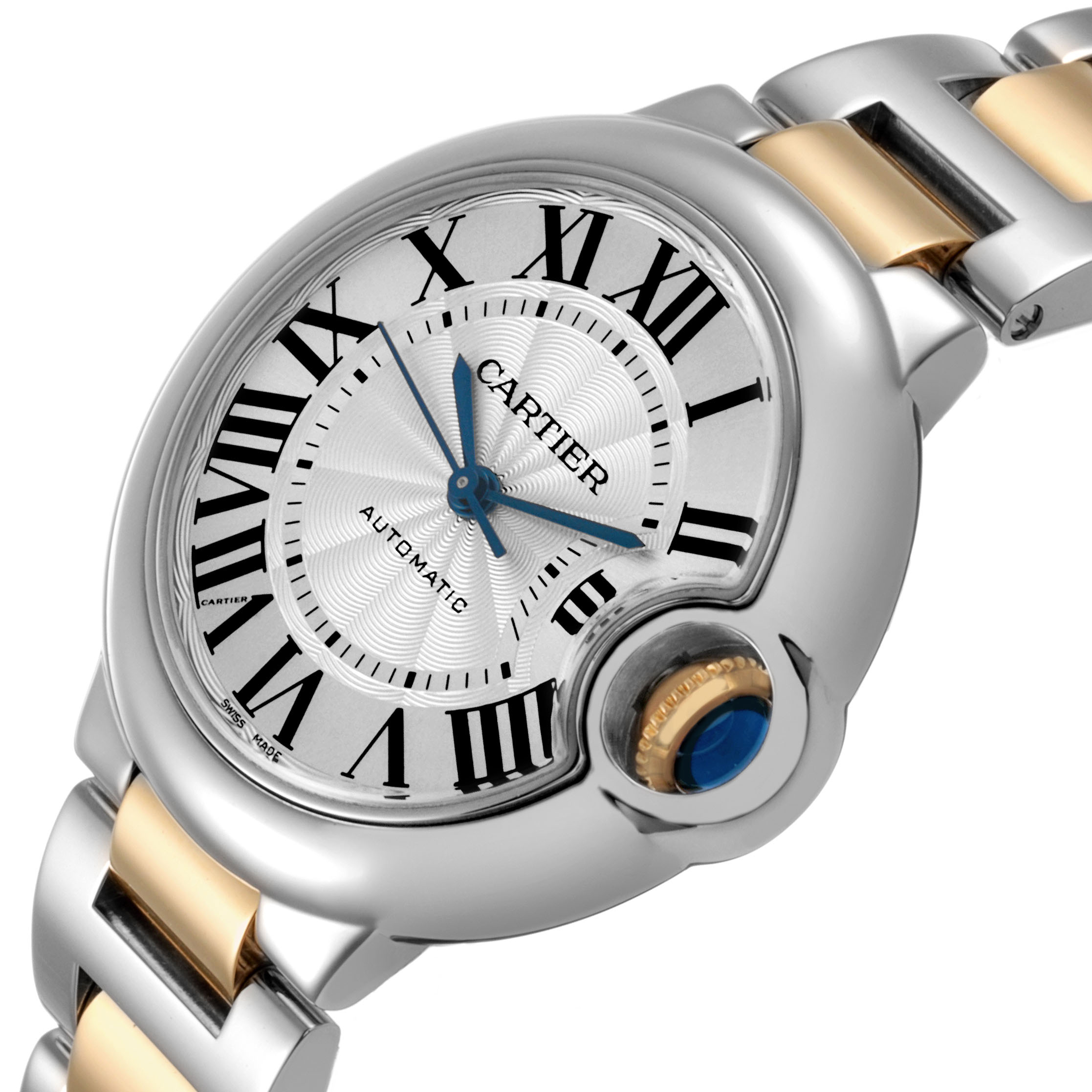 The Cartier Ballon Bleu W2BB0002 Women's Steel and Gold (two tone) Silver Dial watch is shown at an angled side view, highlighting its silver dial, Roman numerals, and the crown.
