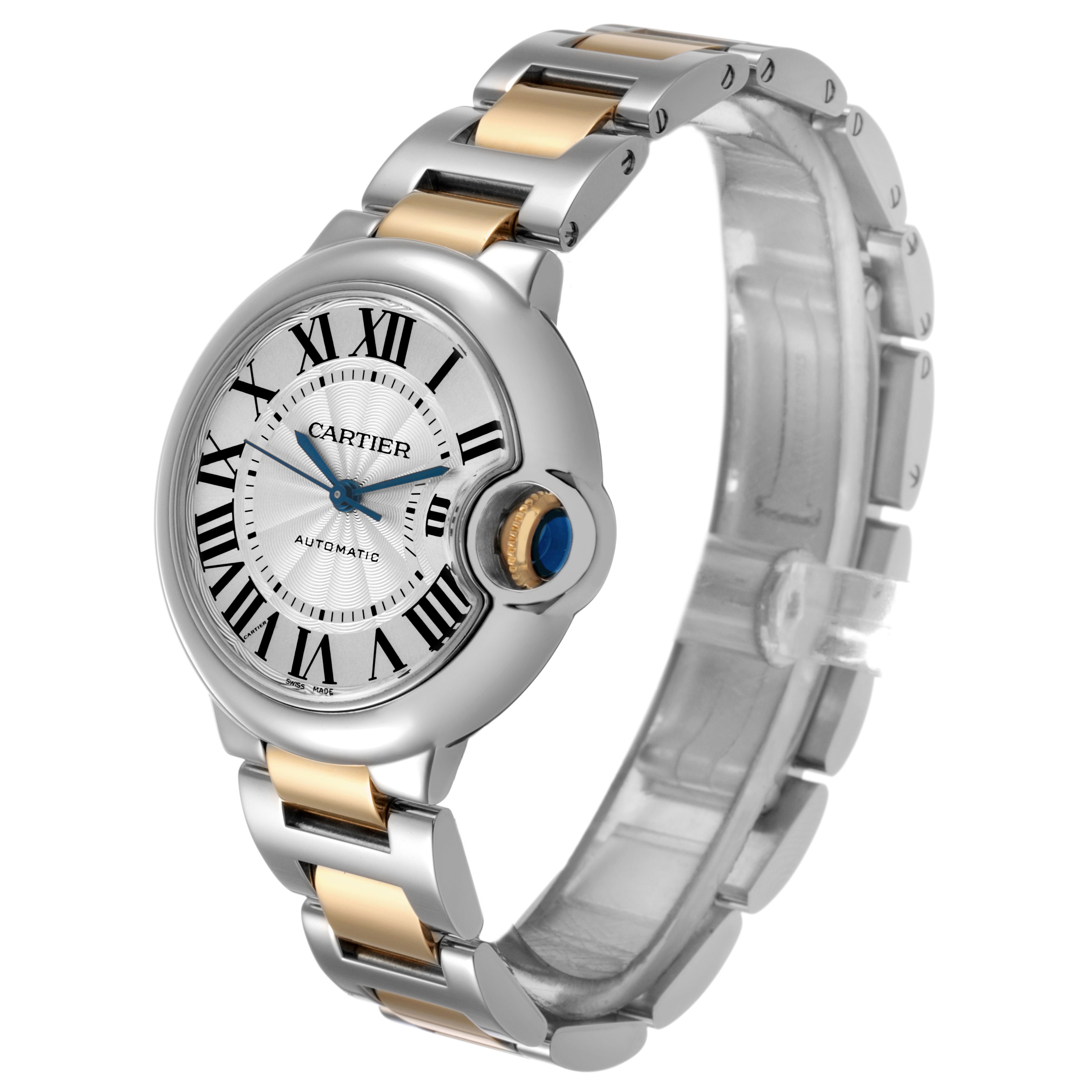 The Cartier Ballon Bleu W2BB0002 Women's Steel and Gold (two tone) Silver Dial watch is shown at a three-quarter angle, highlighting the face, crown, and two-tone bracelet.