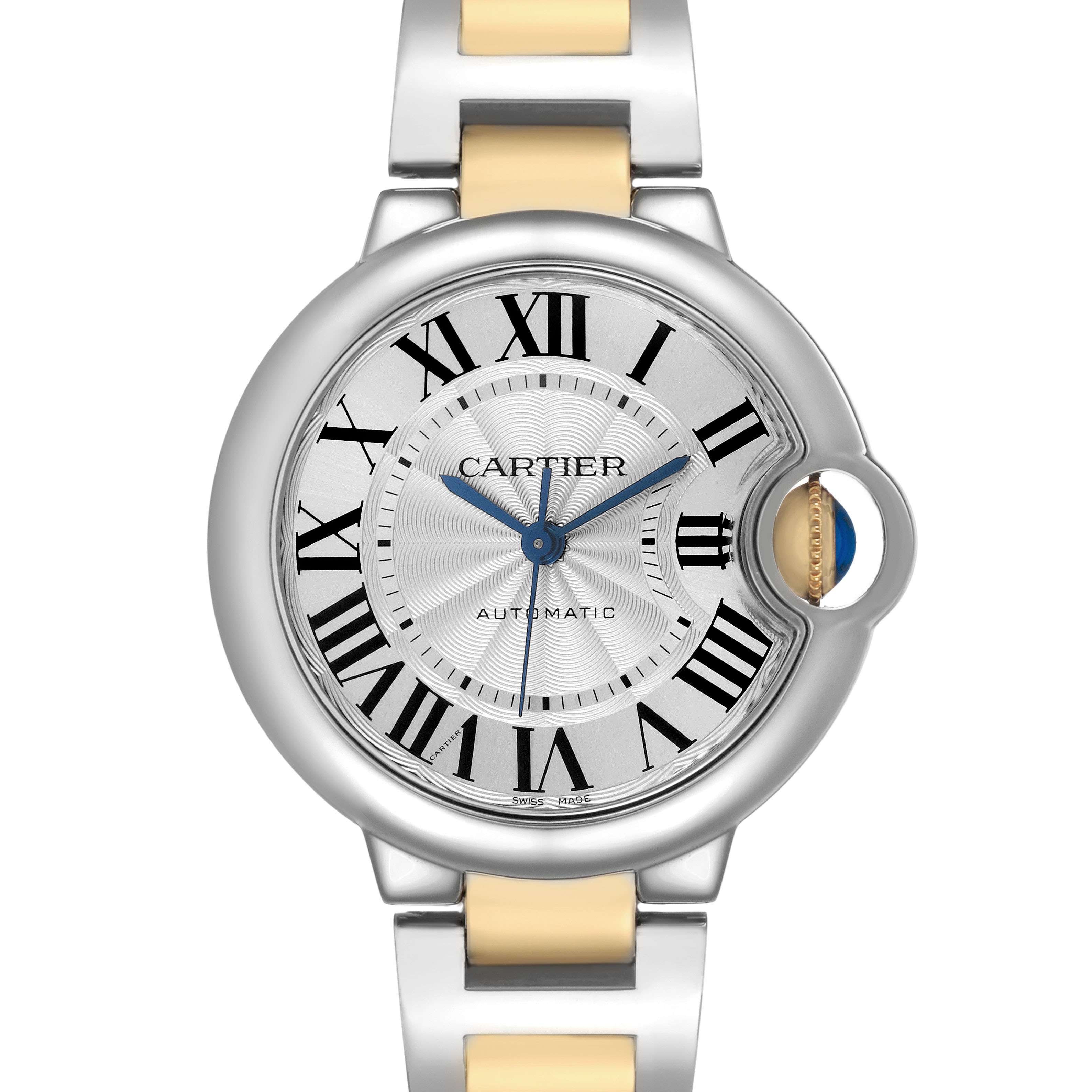 The Cartier Ballon Bleu W2BB0002 Women's Steel and Gold (two tone) Silver Dial watch is shown from the front, highlighting its round case, Roman numerals, and unique crown.