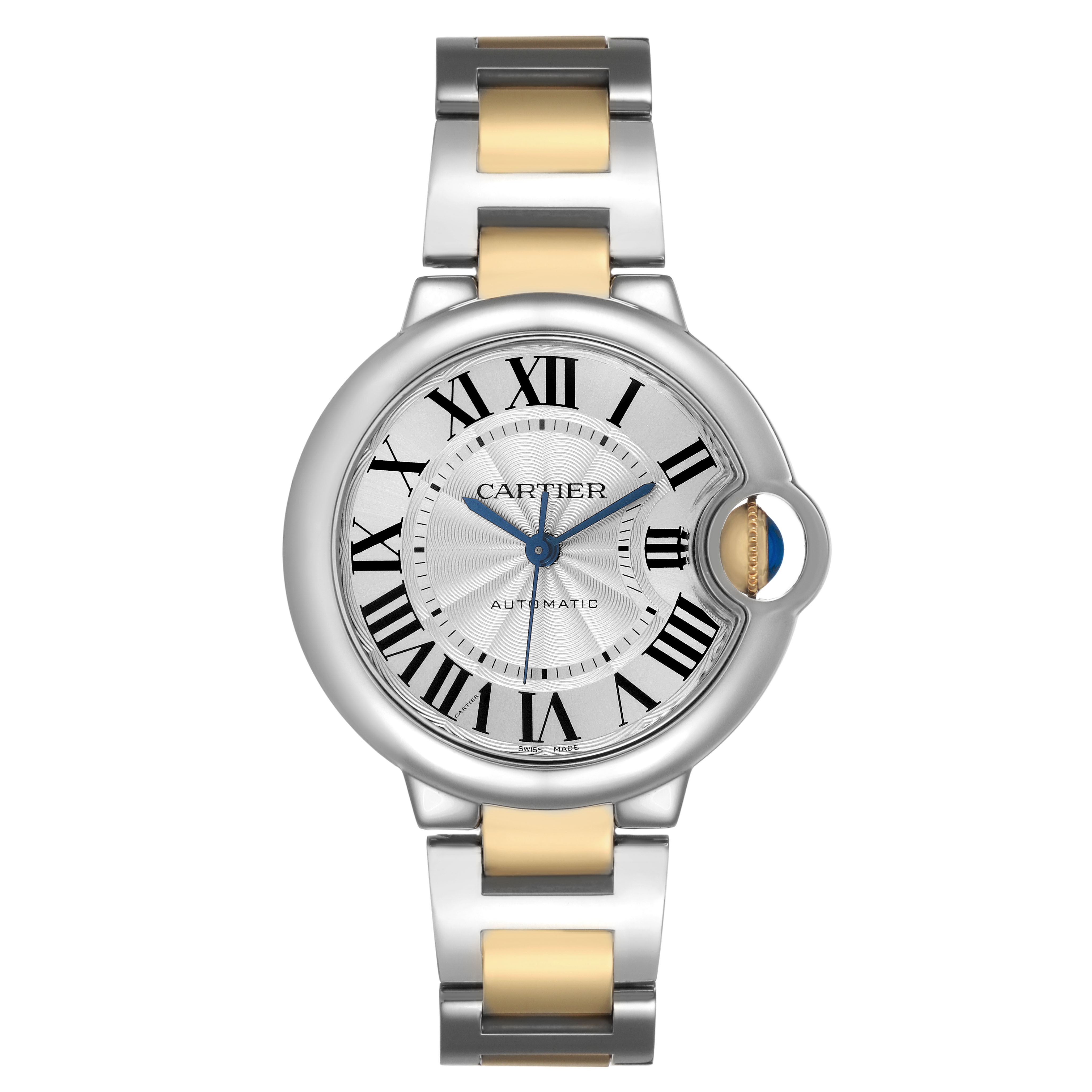 The Cartier Ballon Bleu W2BB0002 Women's Steel and Gold (two tone) Silver Dial watch is shown from a front angle, highlighting its round dial, Roman numerals, and silver-and-gold bracelet.