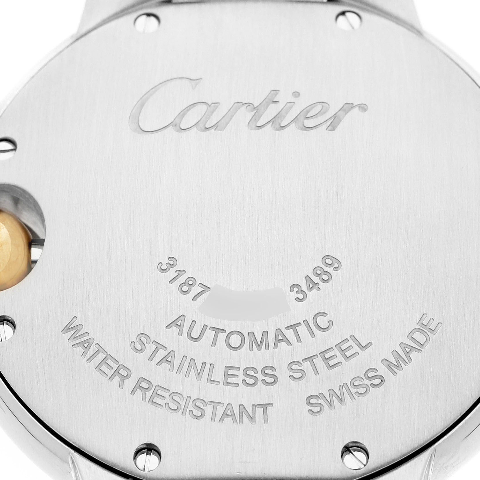 The image shows the back of the Cartier Ballon Bleu W2BB0002 Women's Steel and Gold (two tone) Silver Dial watch, highlighting details like "Automatic," "Stainless Steel," and "Water Resistant."