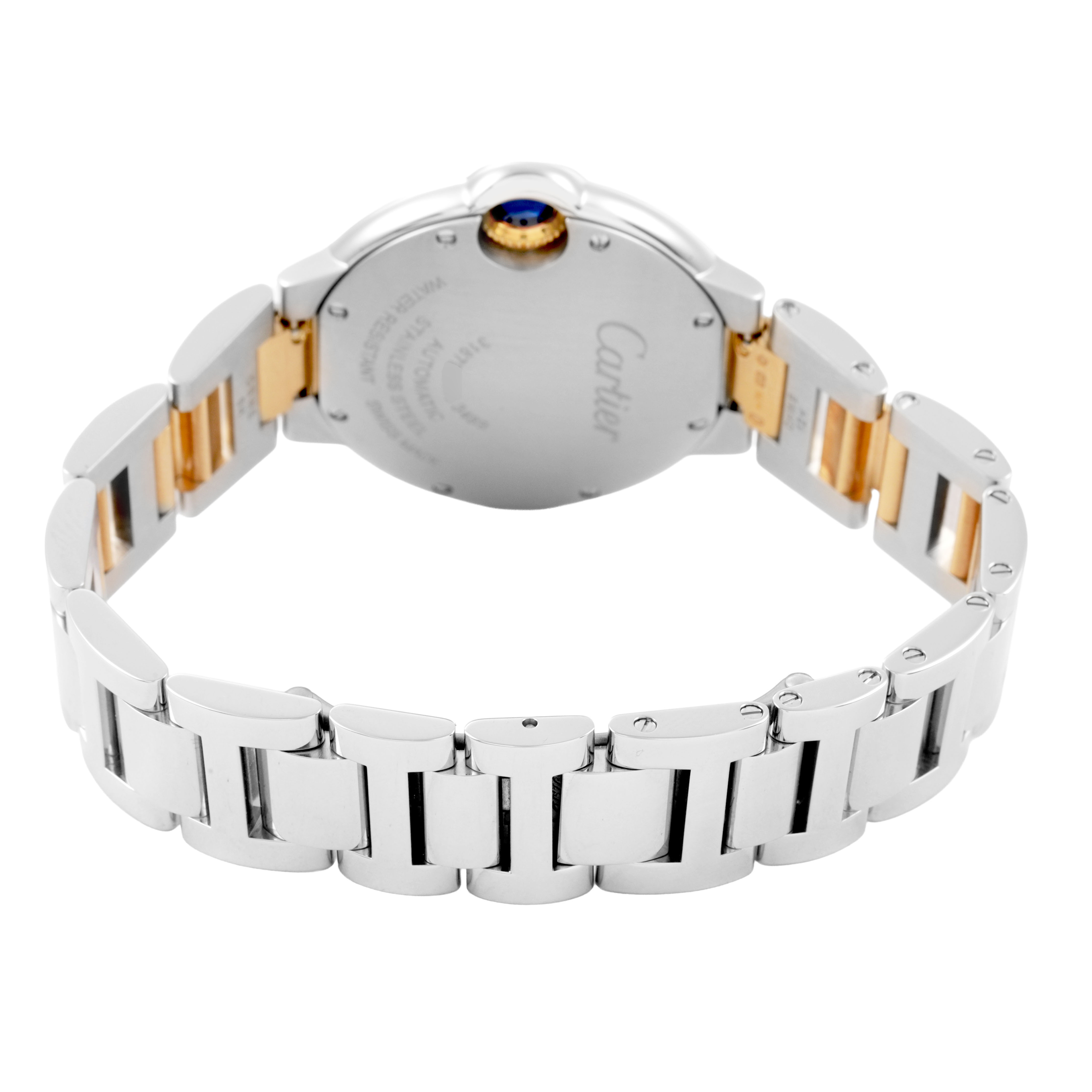 The image shows the back of a Cartier Ballon Bleu W2BB0002 Women's Steel and Gold (two tone) Silver Dial watch, highlighting the bracelet and case back.