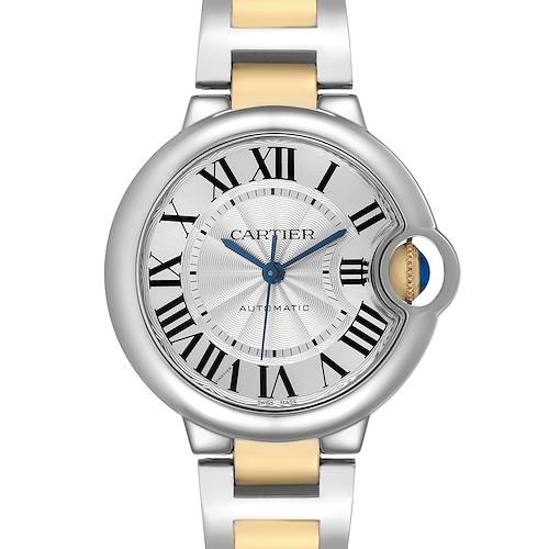 The Ballon Bleu by Cartier is shown from the front, highlighting the dial, Roman numerals, hands, and crown detail.