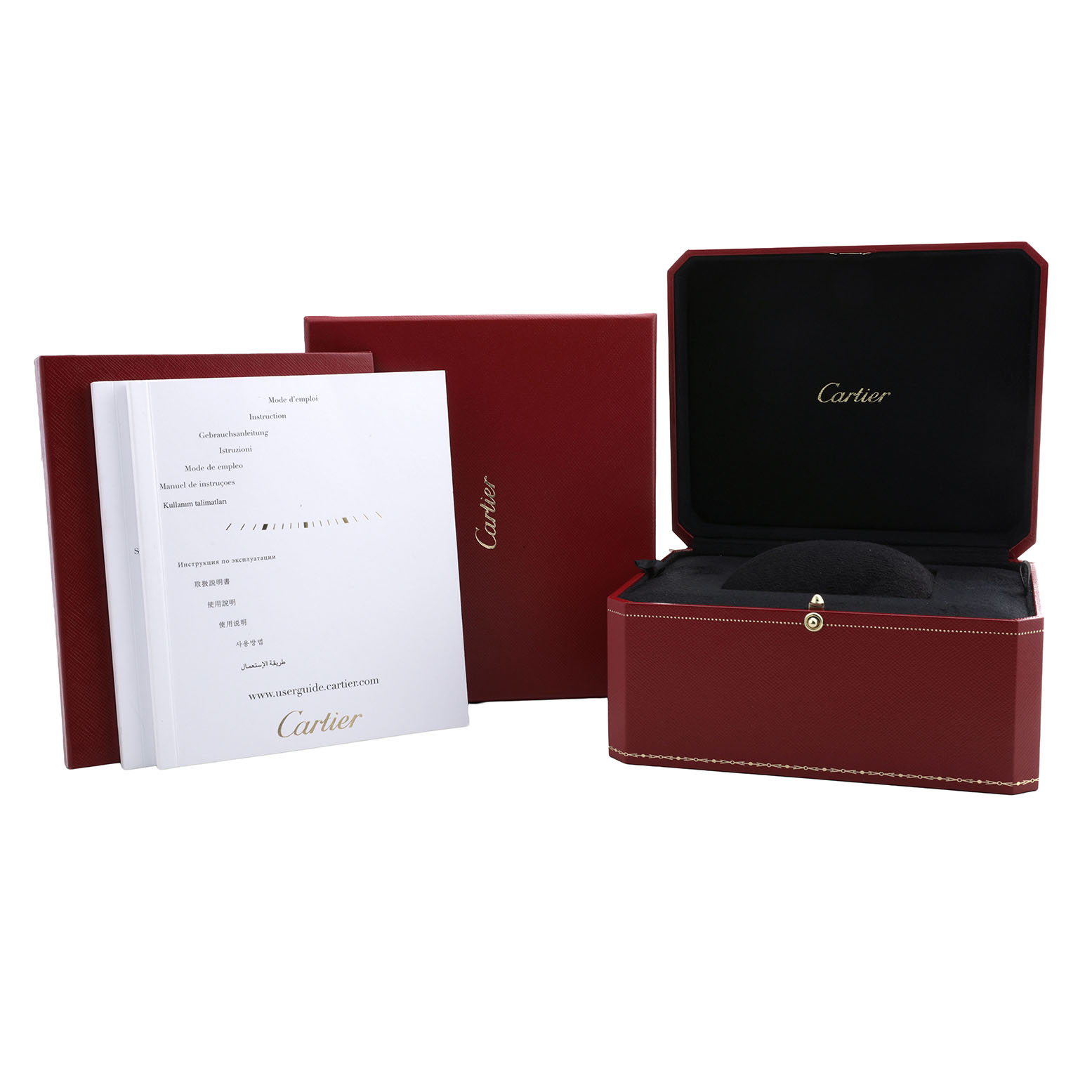The image shows Cartier Ballon Bleu W2BB0002 Women's Steel and Gold (two tone) Silver Dial packaging, including the red box and instruction booklet.