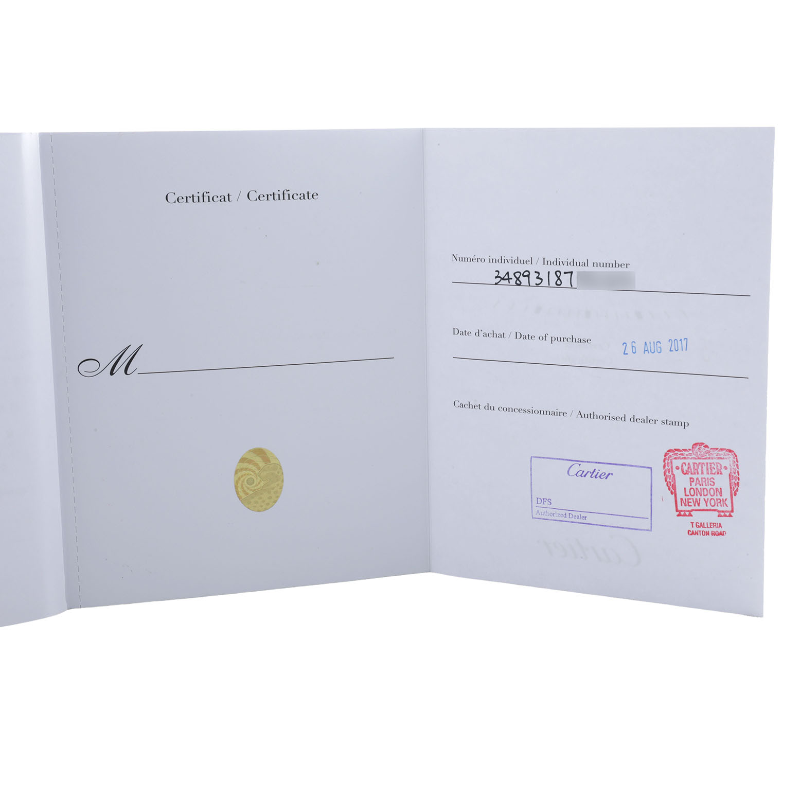 The image shows an open certificate booklet for the Cartier Ballon Bleu W2BB0002 Women's Steel and Gold (two tone) Silver Dial watch model, displaying purchase details and stamps.