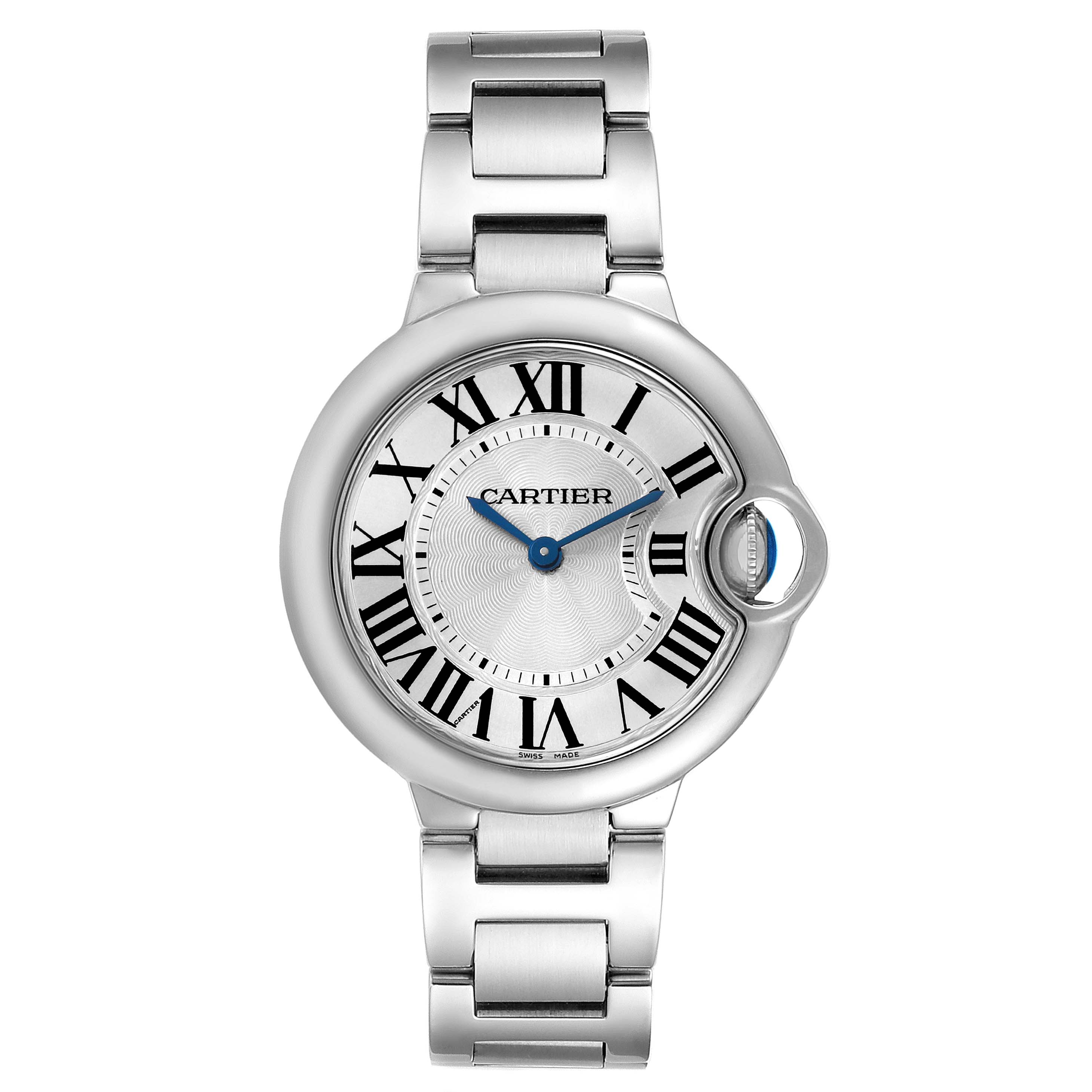 The Cartier Ballon Bleu W6920084 Women's Stainless Steel Silver Dial W6920084 Women's Stainless Steel Silver Dial watch is shown from the front, displaying the dial, Roman numerals, blue hands, and bracelet.