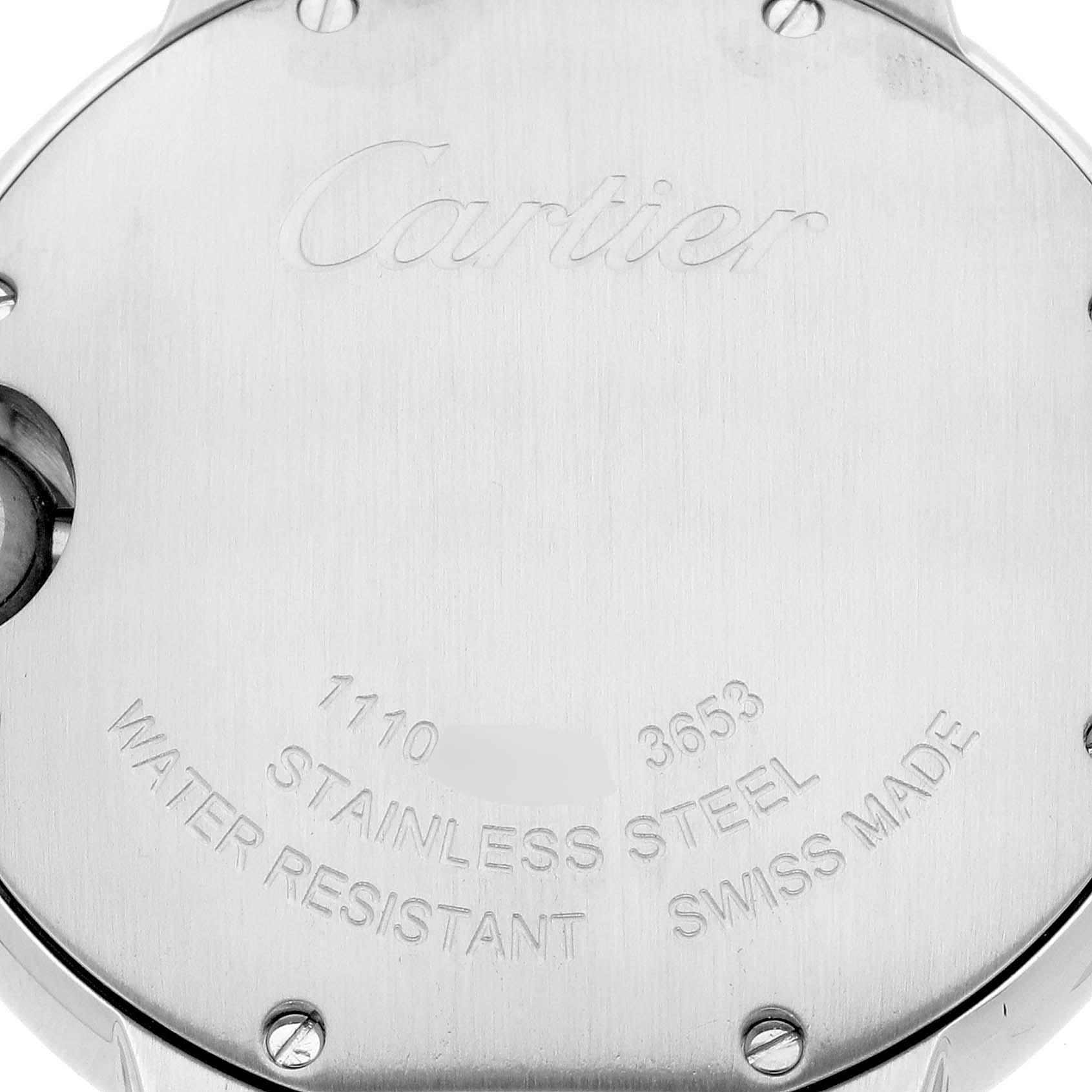 The image shows the back case of the Cartier Ballon Bleu W6920084 Women's Stainless Steel Silver Dial W6920084 Women's Stainless Steel Silver Dial watch, highlighting the engraved brand name and specifications.