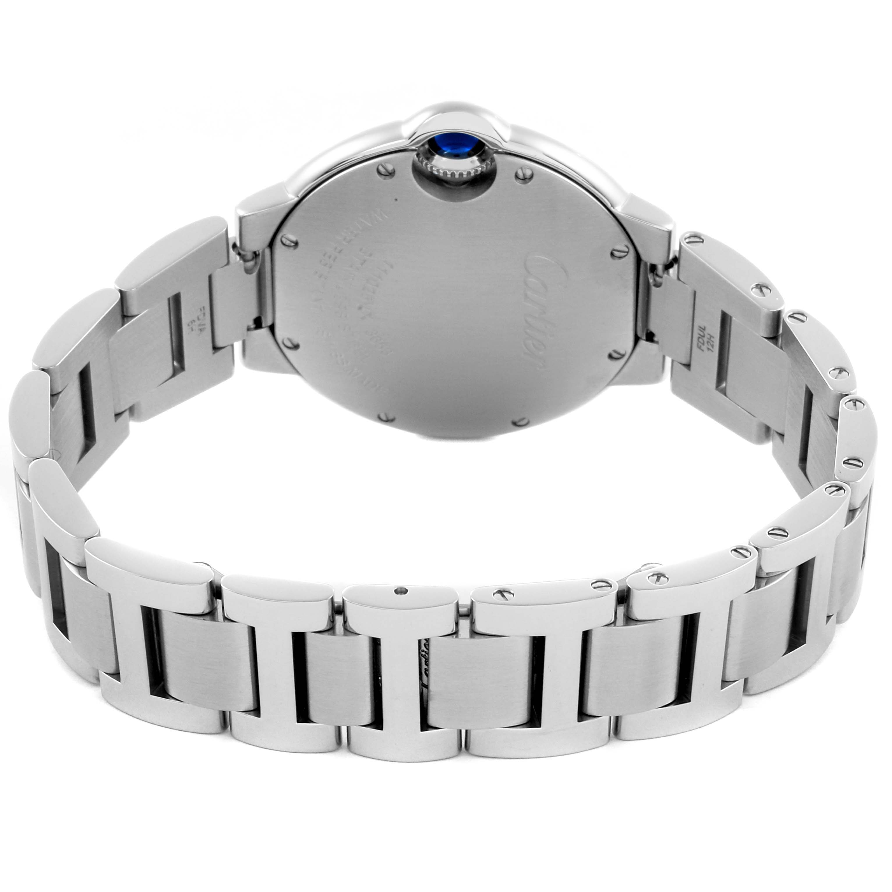 The image shows the back and band of the Cartier Ballon Bleu W6920084 Women's Stainless Steel Silver Dial W6920084 Women's Stainless Steel Silver Dial watch, highlighting the clasp and the case back.