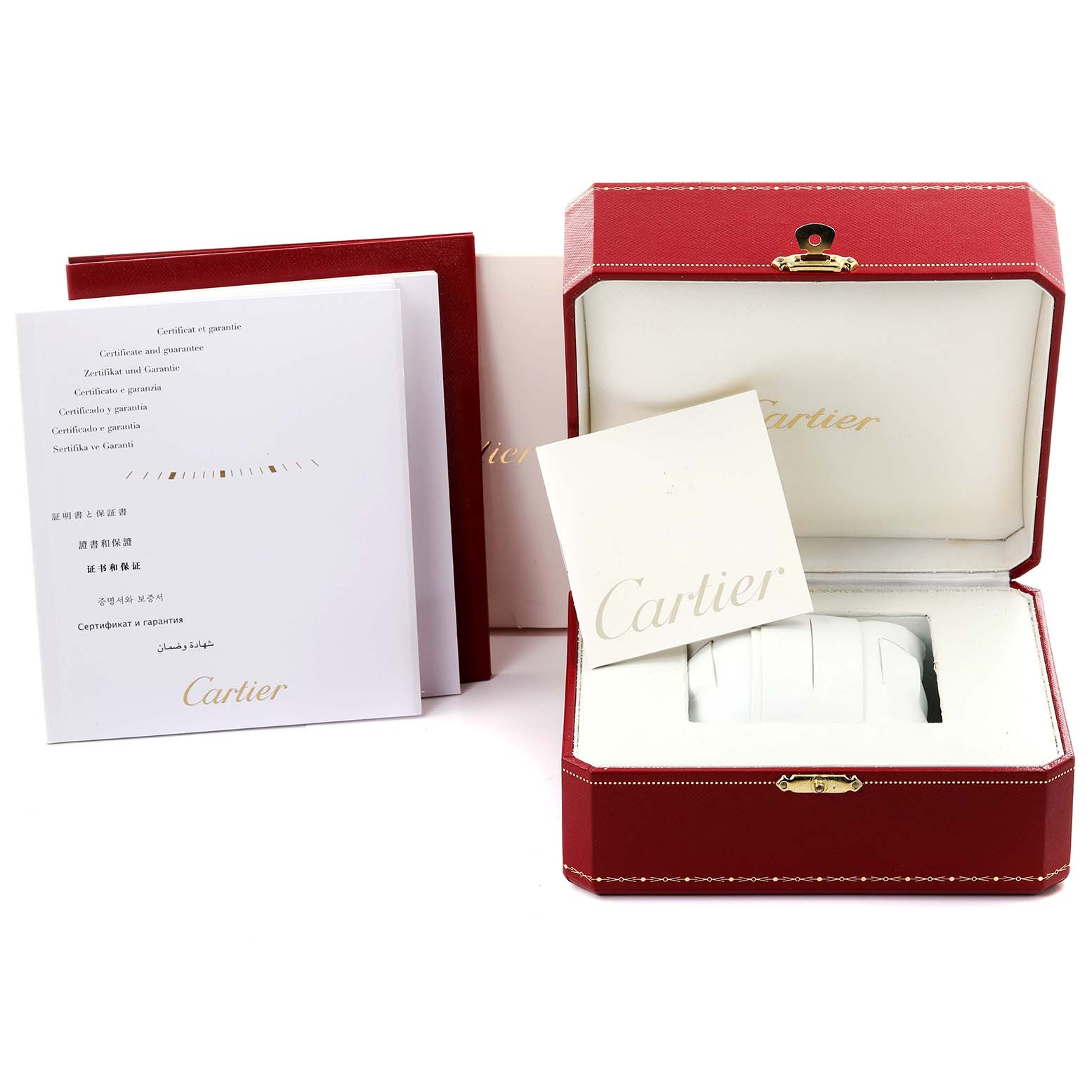 The image shows an open Cartier Ballon Bleu W6920084 Women's Stainless Steel Silver Dial W6920084 Women's Stainless Steel Silver Dial watch box with documents and certificates beside it.