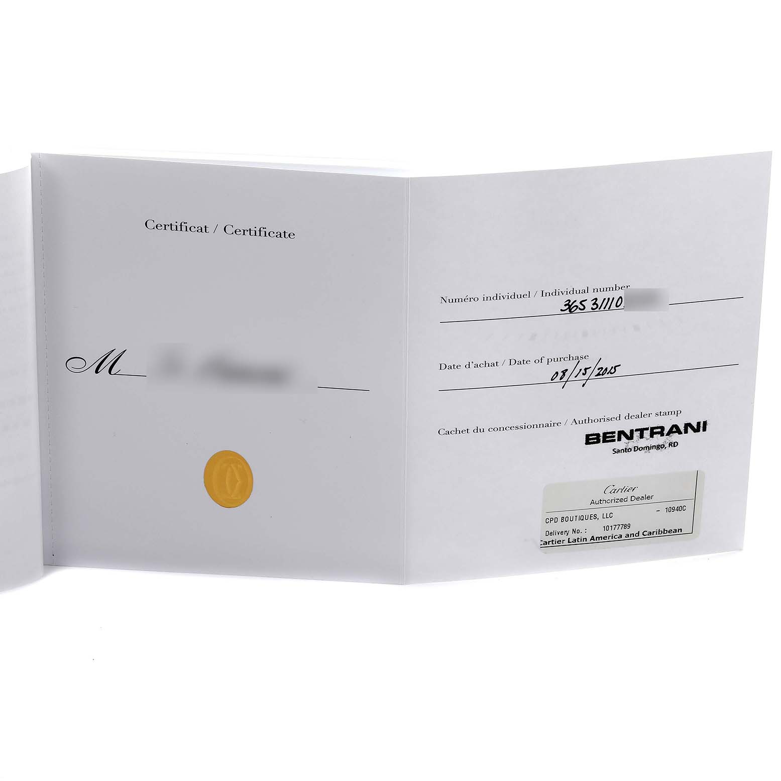 This image shows a certificate for the Cartier Ballon Bleu W6920084 Women's Stainless Steel Silver Dial W6920084 Women's Stainless Steel Silver Dial watch, displaying purchase details and dealer information.