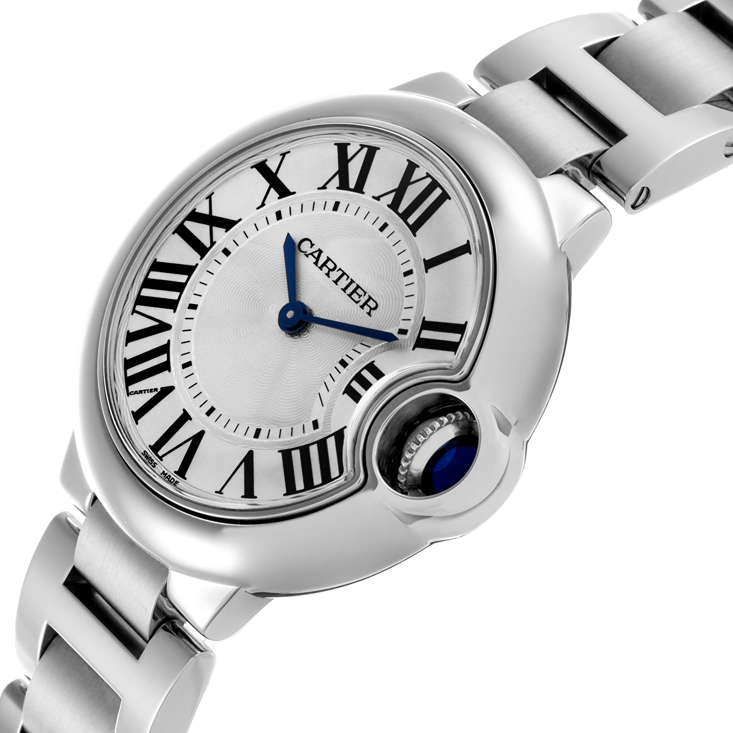 The Cartier Ballon Bleu W6920084 Women's Stainless Steel Silver Dial W6920084 Women's Stainless Steel Silver Dial watch is shown at an angled close-up, highlighting the face, Roman numerals, and bracelet.