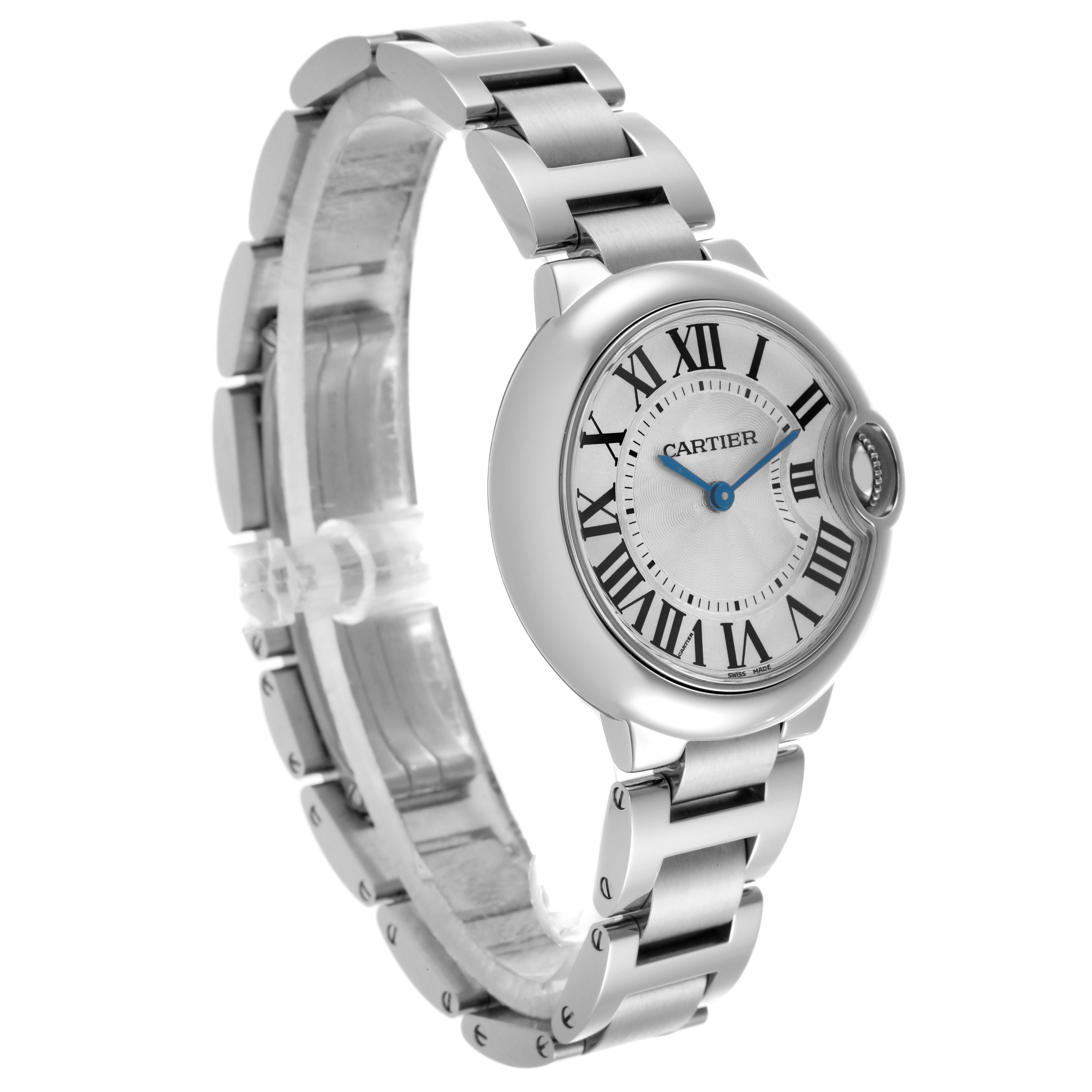 The Cartier Ballon Bleu W6920084 Women's Stainless Steel Silver Dial W6920084 Women's Stainless Steel Silver Dial watch is shown at a diagonal angle displaying its face, Roman numerals, and metal bracelet.