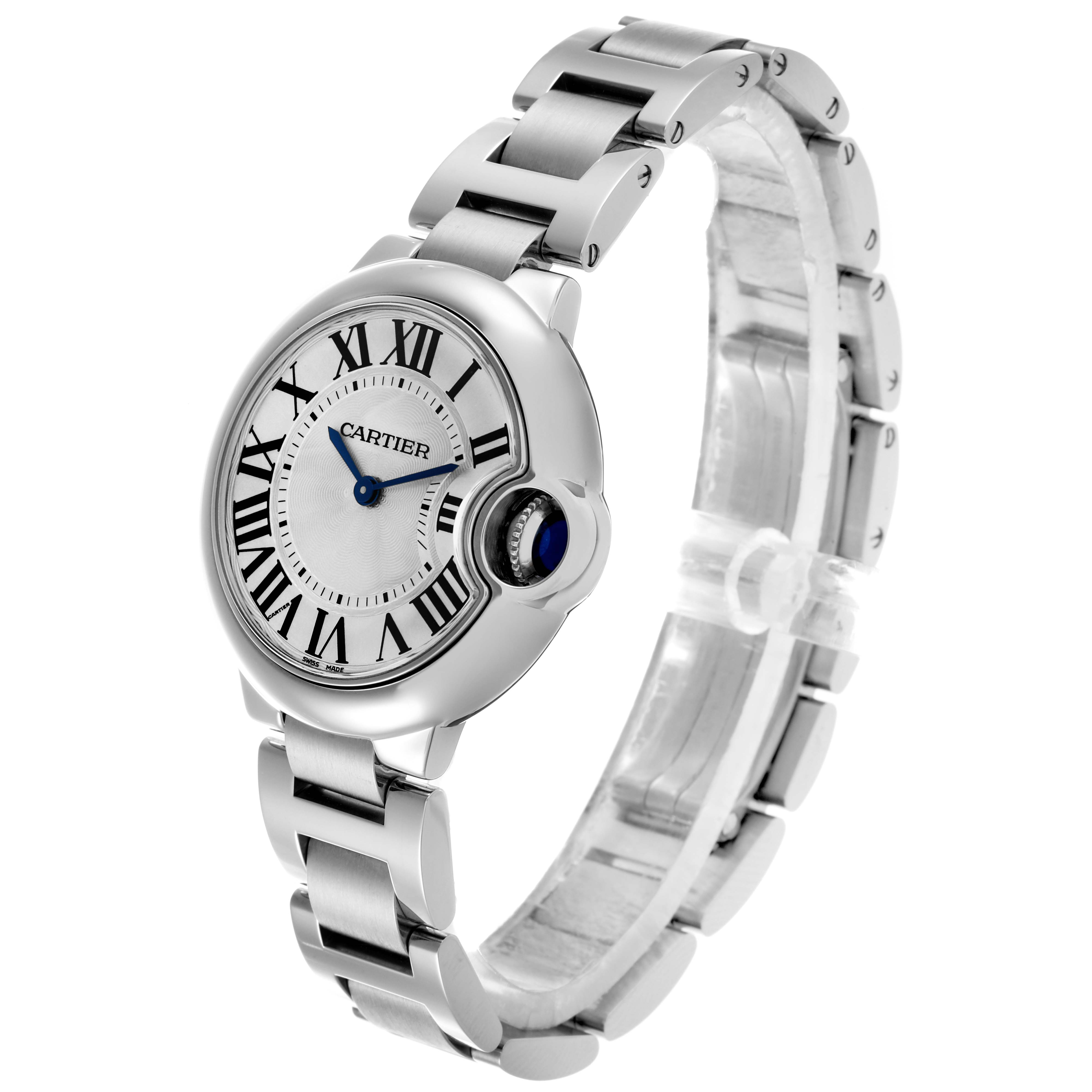 The Cartier Ballon Bleu W6920084 Women's Stainless Steel Silver Dial W6920084 Women's Stainless Steel Silver Dial watch is shown from a front-side angle, highlighting the face, crown, and bracelet.