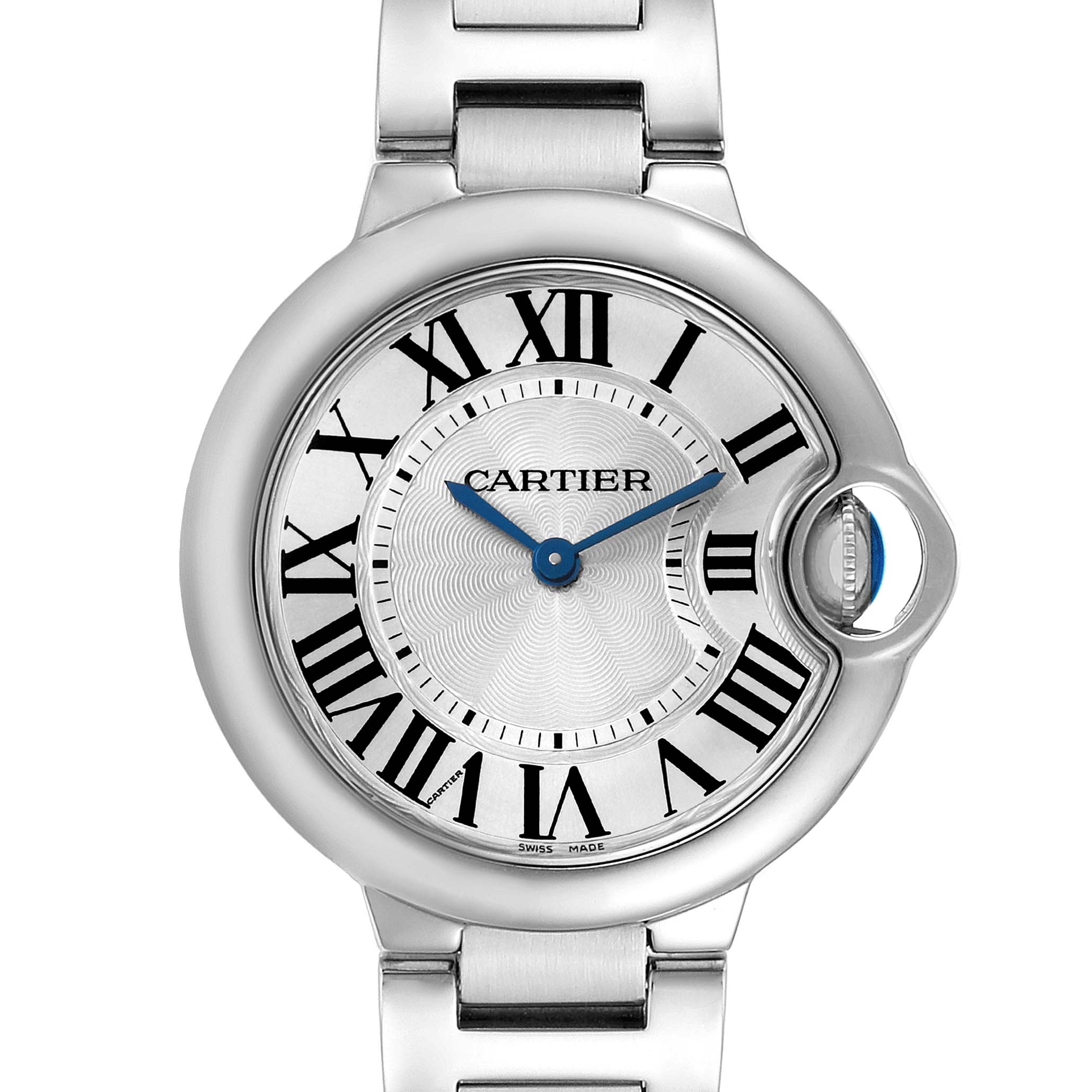 The Cartier Ballon Bleu W6920084 Women's Stainless Steel Silver Dial W6920084 Women's Stainless Steel Silver Dial watch is shown from a frontal angle, displaying the dial, Roman numerals, blue hands, and metal bracelet.