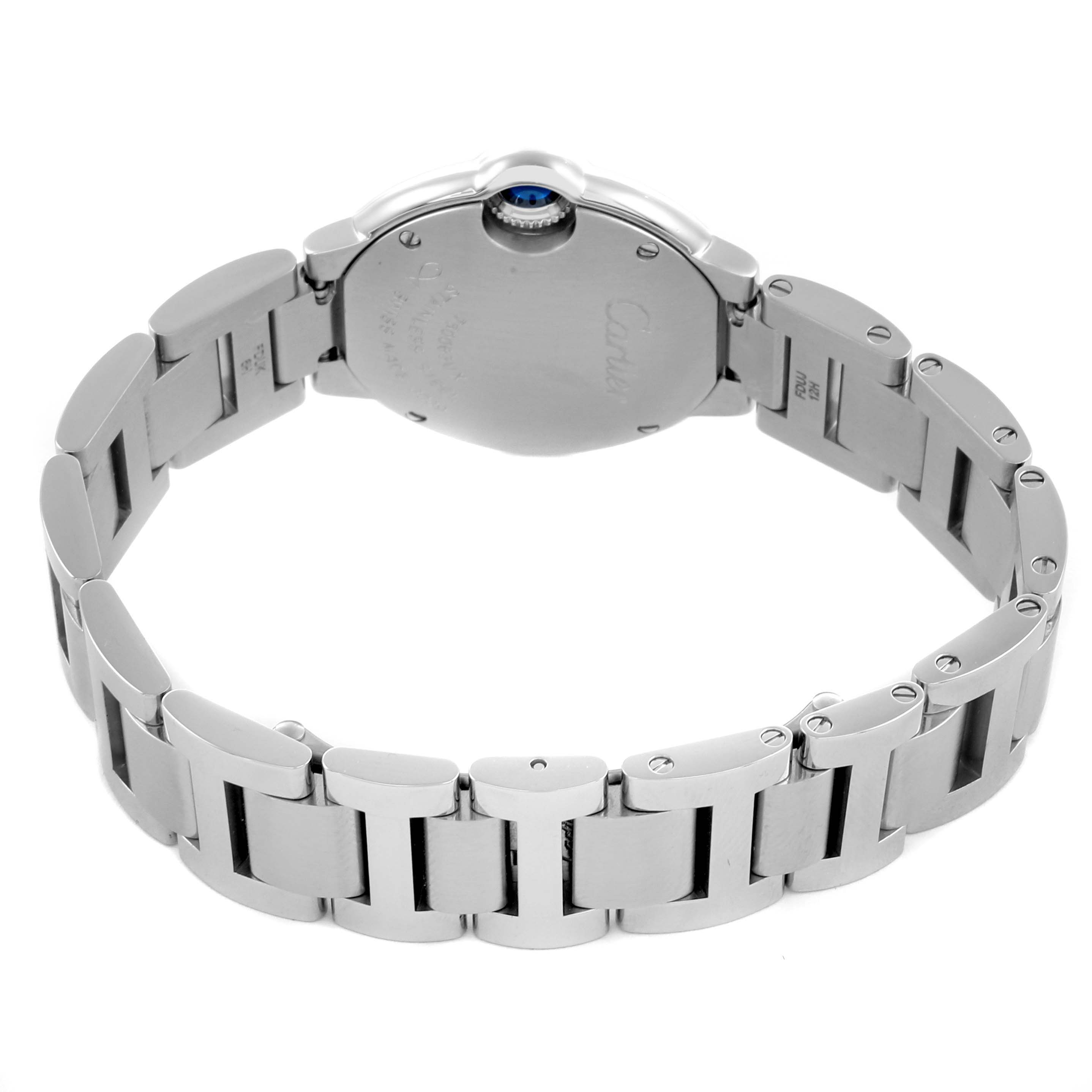 The image shows the back view of a Cartier Ballon Bleu W6920038 Women's Stainless Steel Pink Dial W6920038 Women's Stainless Steel Pink Dial watch, highlighting its band and case back.