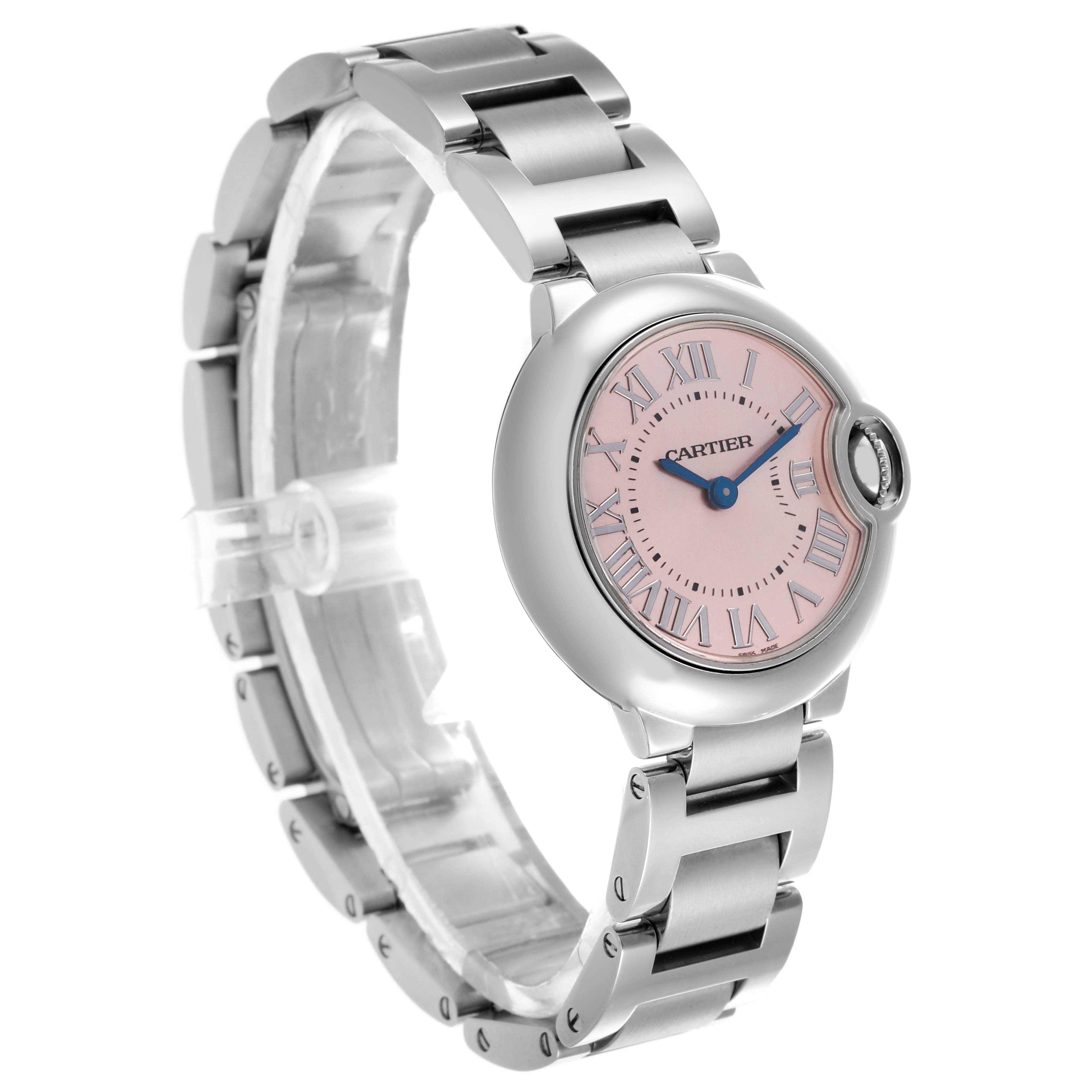The Cartier Ballon Bleu W6920038 Women's Stainless Steel Pink Dial W6920038 Women's Stainless Steel Pink Dial watch is shown at a three-quarter angle, highlighting the bracelet, case, and pink dial.
