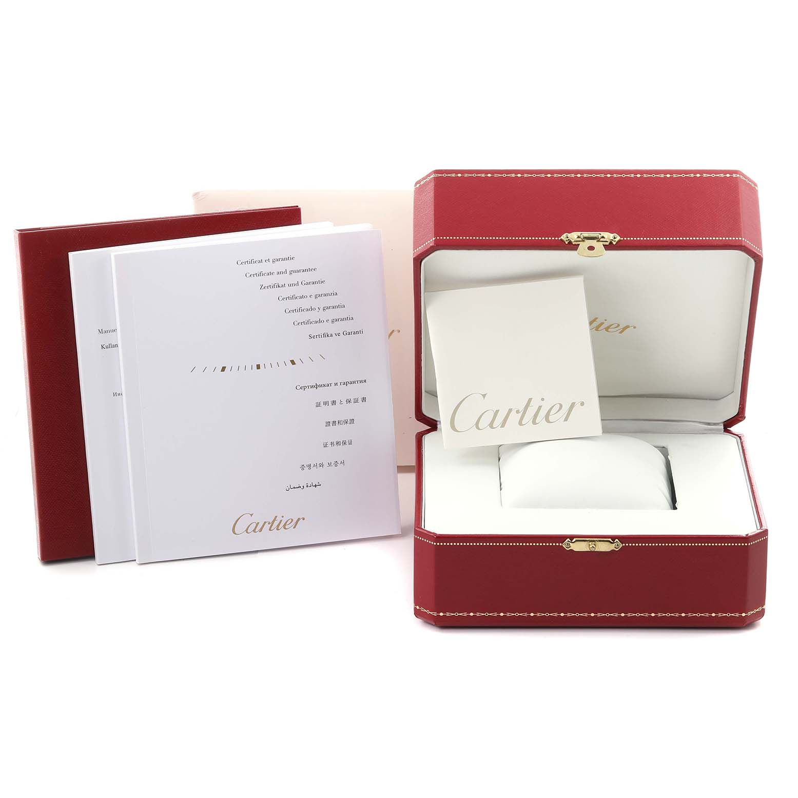 The image shows a Cartier Ballon Bleu W6920038 Women's Stainless Steel Pink Dial W6920038 Women's Stainless Steel Pink Dial watch's red box, booklet, and warranty card.