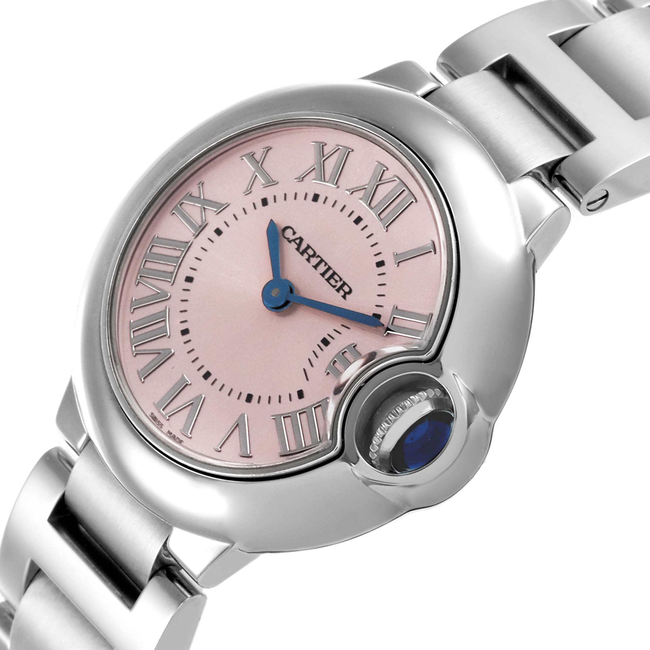 The Cartier Ballon Bleu W6920038 Women's Stainless Steel Pink Dial W6920038 Women's Stainless Steel Pink Dial watch is shown at an angle highlighting its face, case, and partial bracelet.