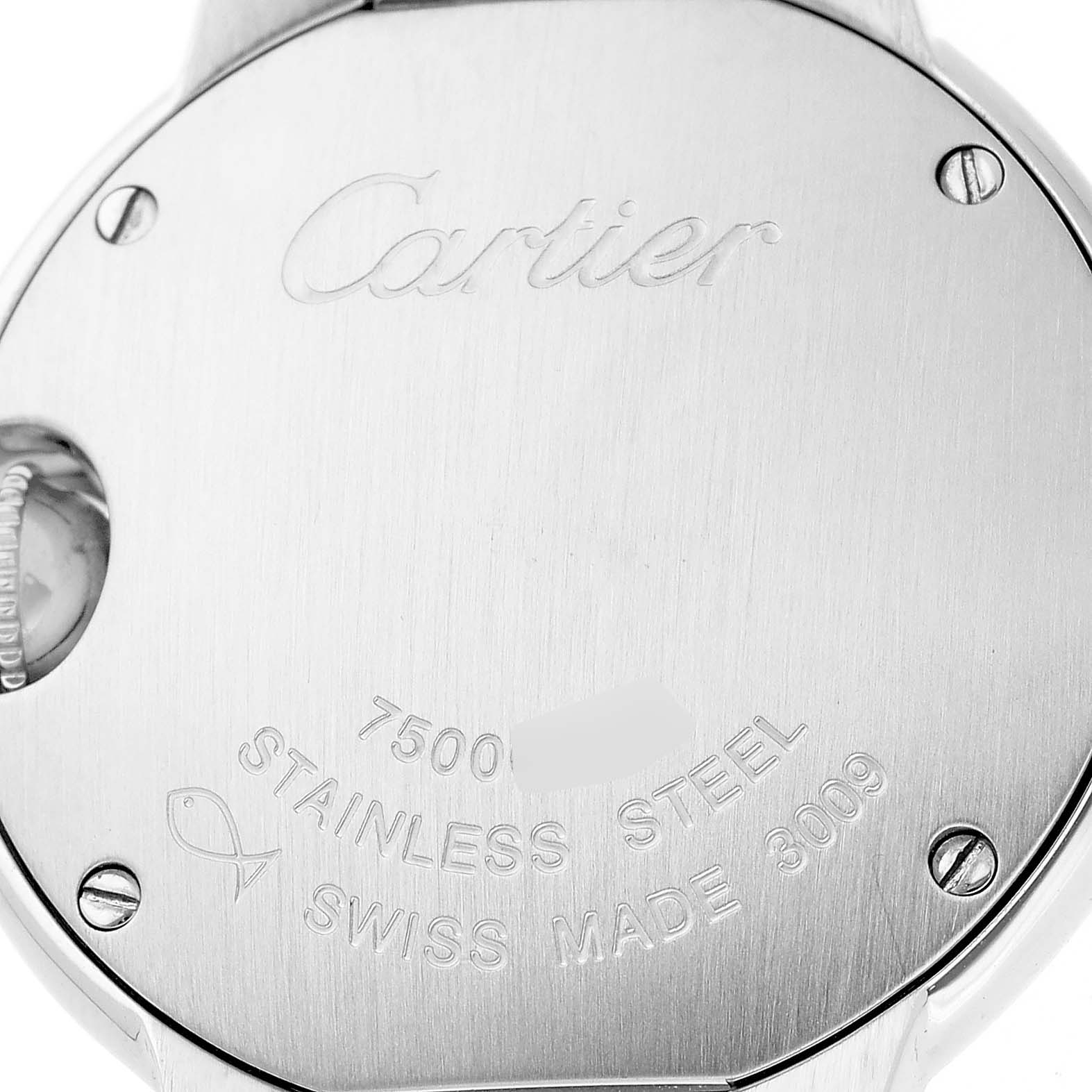 The image shows the back case of the Cartier Ballon Bleu W6920038 Women's Stainless Steel Pink Dial W6920038 Women's Stainless Steel Pink Dial watch, highlighting the engraving details and material.
