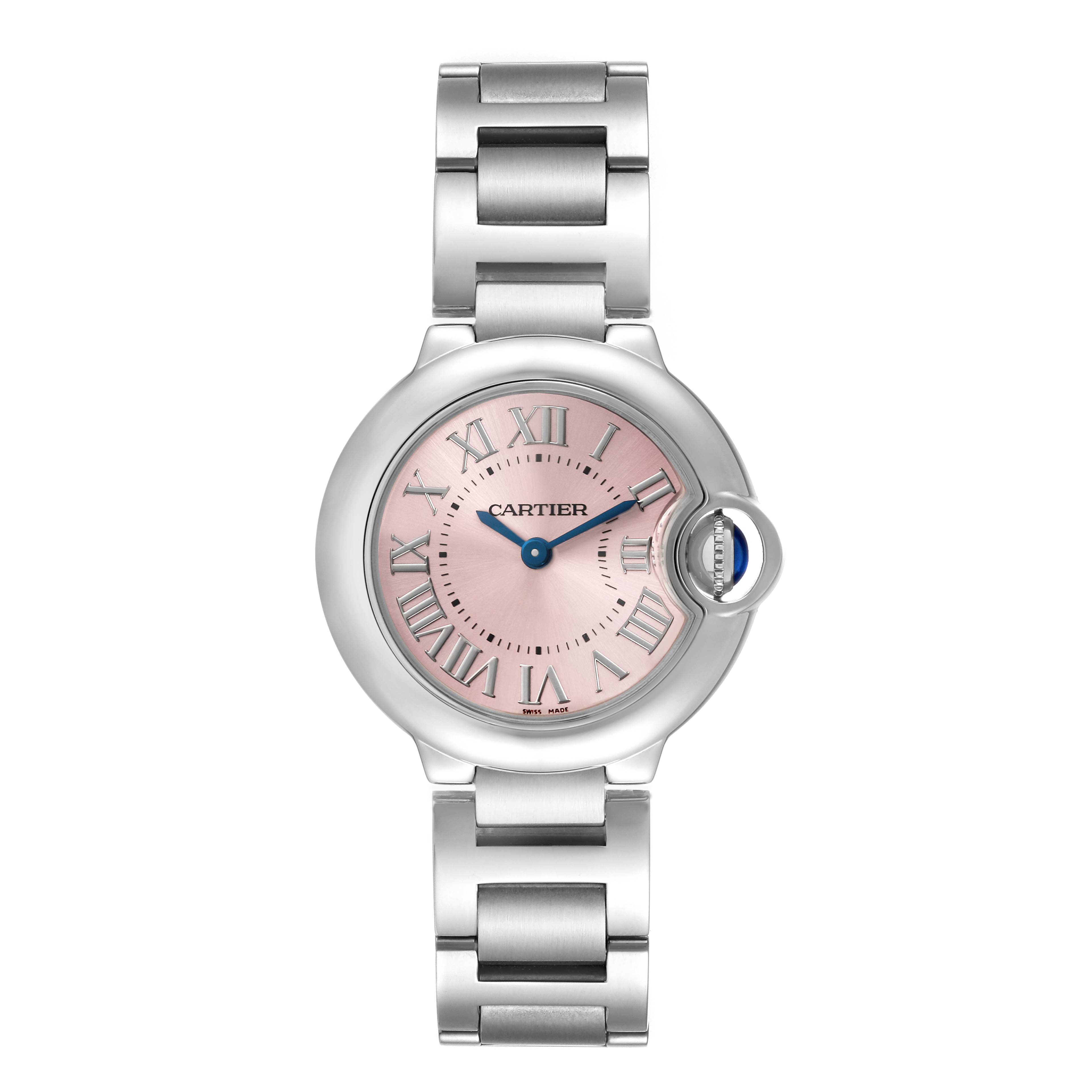 The Cartier Ballon Bleu W6920038 Women's Stainless Steel Pink Dial W6920038 Women's Stainless Steel Pink Dial watch is shown from the front, displaying its face, bracelet, and crown.