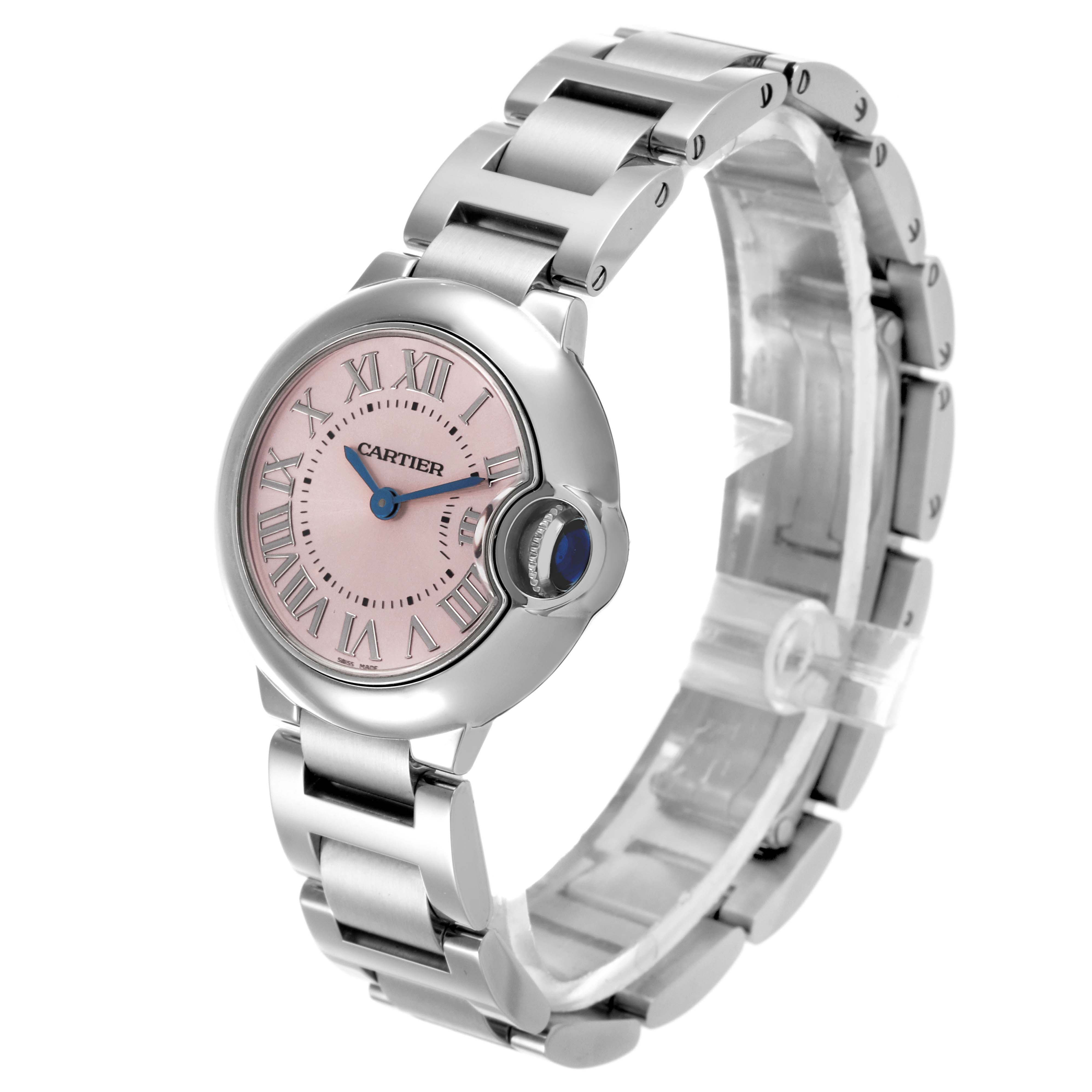The Cartier Ballon Bleu W6920038 Women's Stainless Steel Pink Dial W6920038 Women's Stainless Steel Pink Dial watch is shown at an angled view, displaying the face, bezel, and bracelet.