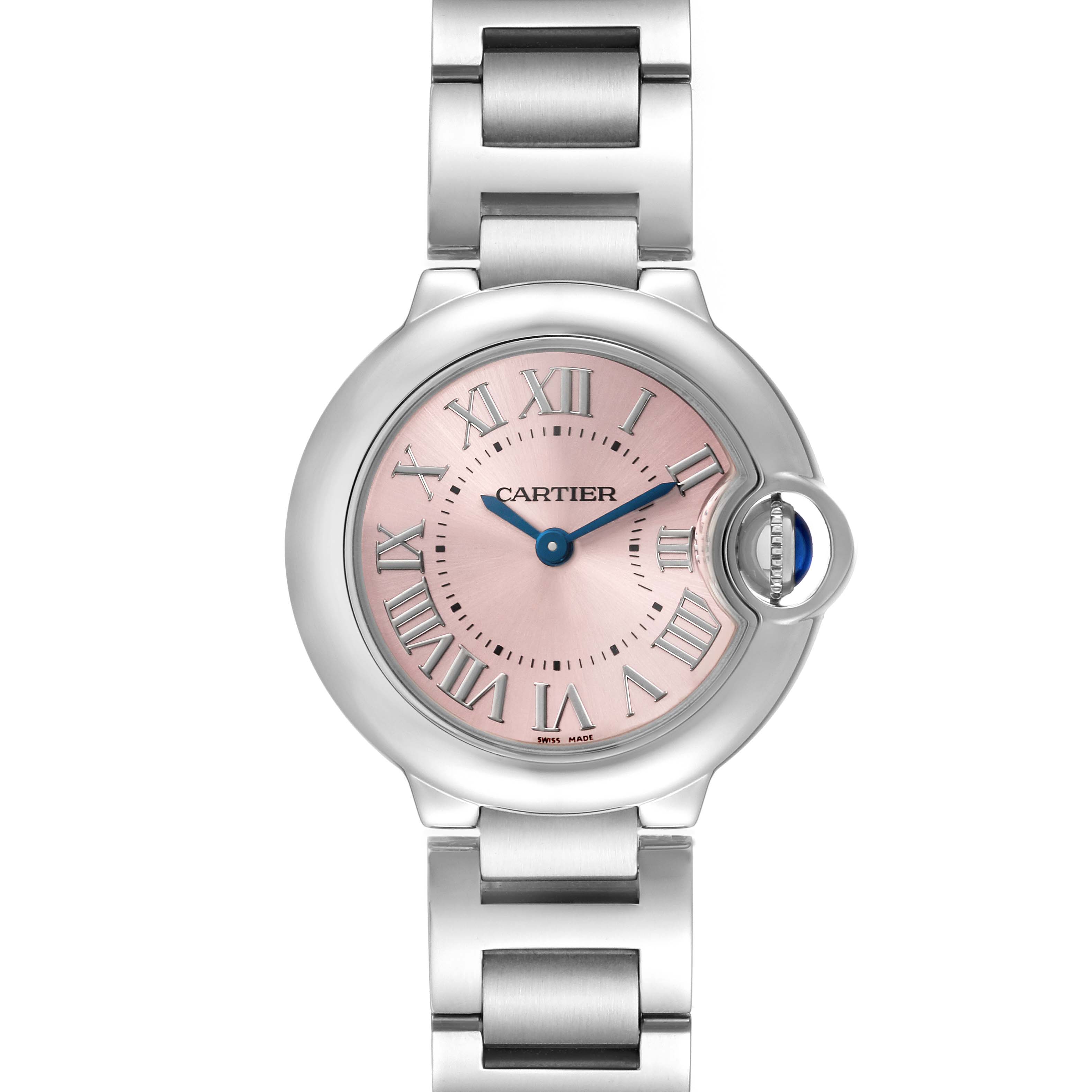The Cartier Ballon Bleu W6920038 Women's Stainless Steel Pink Dial W6920038 Women's Stainless Steel Pink Dial watch is shown from a front angle, highlighting its pink dial and silver bracelet.
