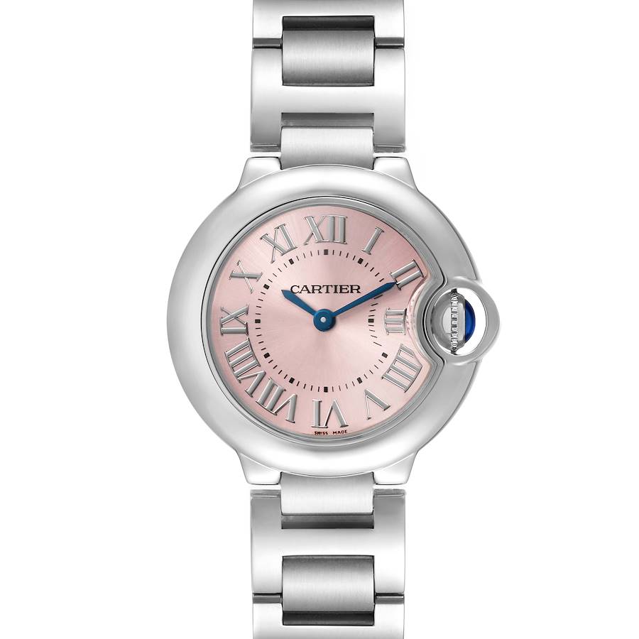 The Cartier Ballon Bleu watch is shown from a front angle, highlighting its pink dial and silver bracelet.