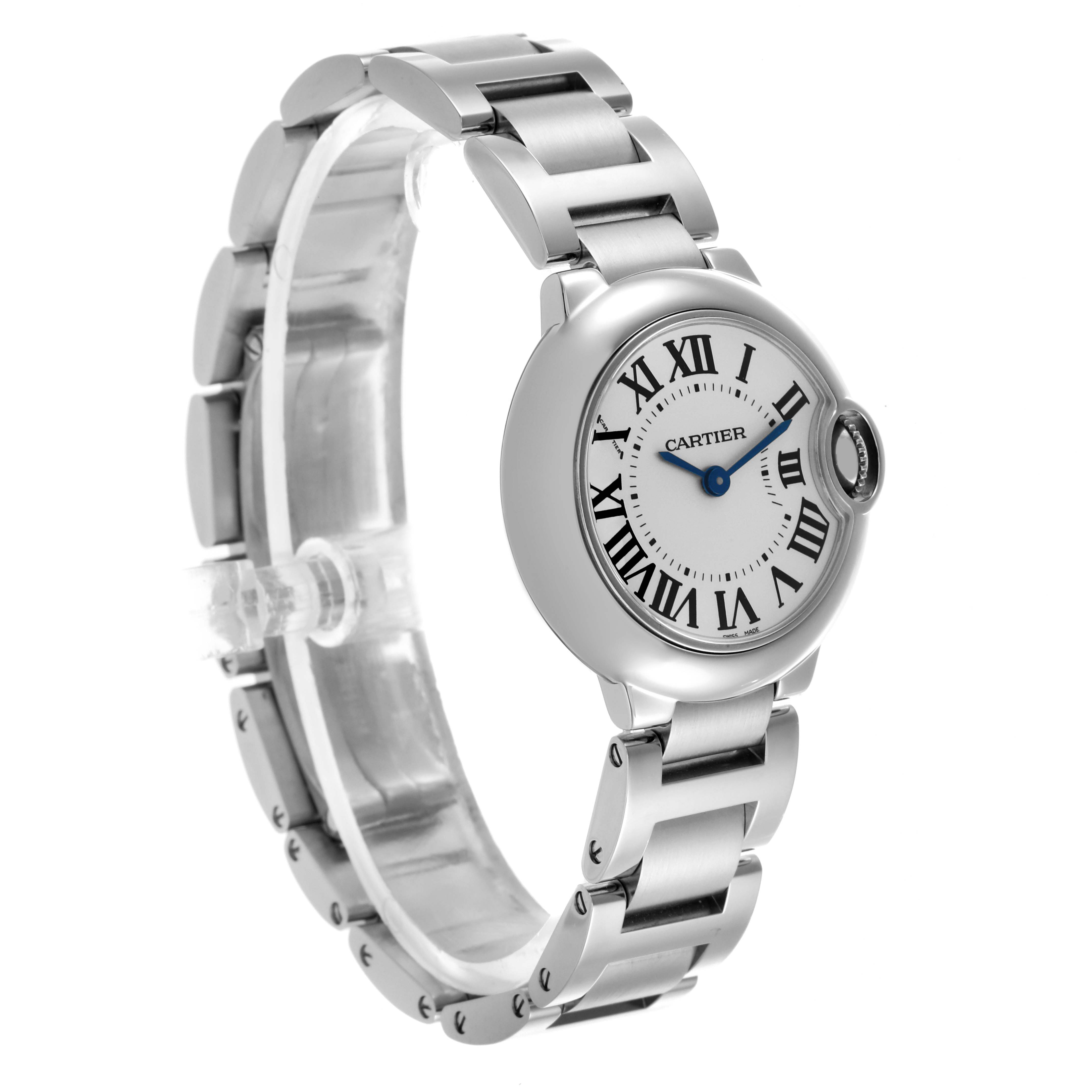 The Cartier Ballon Bleu W69010Z4 Women
s Stainless Steel Silver Dial W69010Z4 Women
s Stainless Steel Silver Dial watch is shown at a three-quarter angle, displaying the face, bezel, bracelet, and crown.