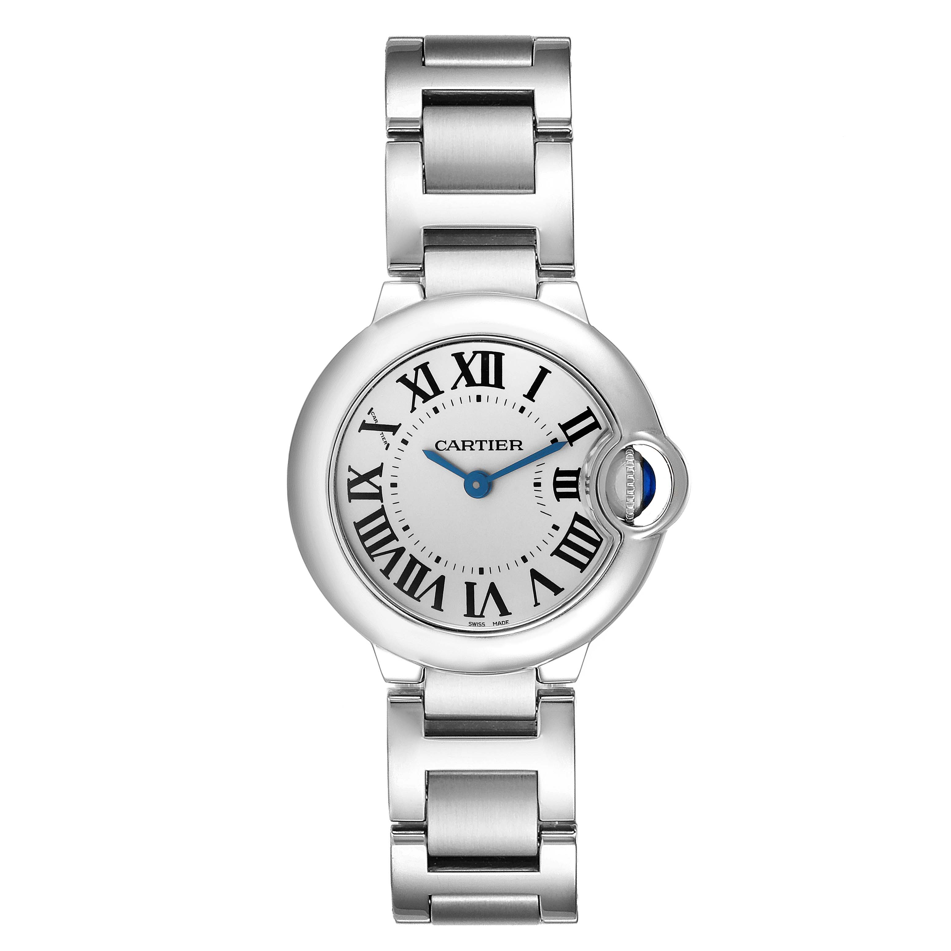 The Cartier Ballon Bleu W69010Z4 Women
s Stainless Steel Silver Dial W69010Z4 Women
s Stainless Steel Silver Dial watch is shown from the front, displaying the face and stainless steel bracelet.