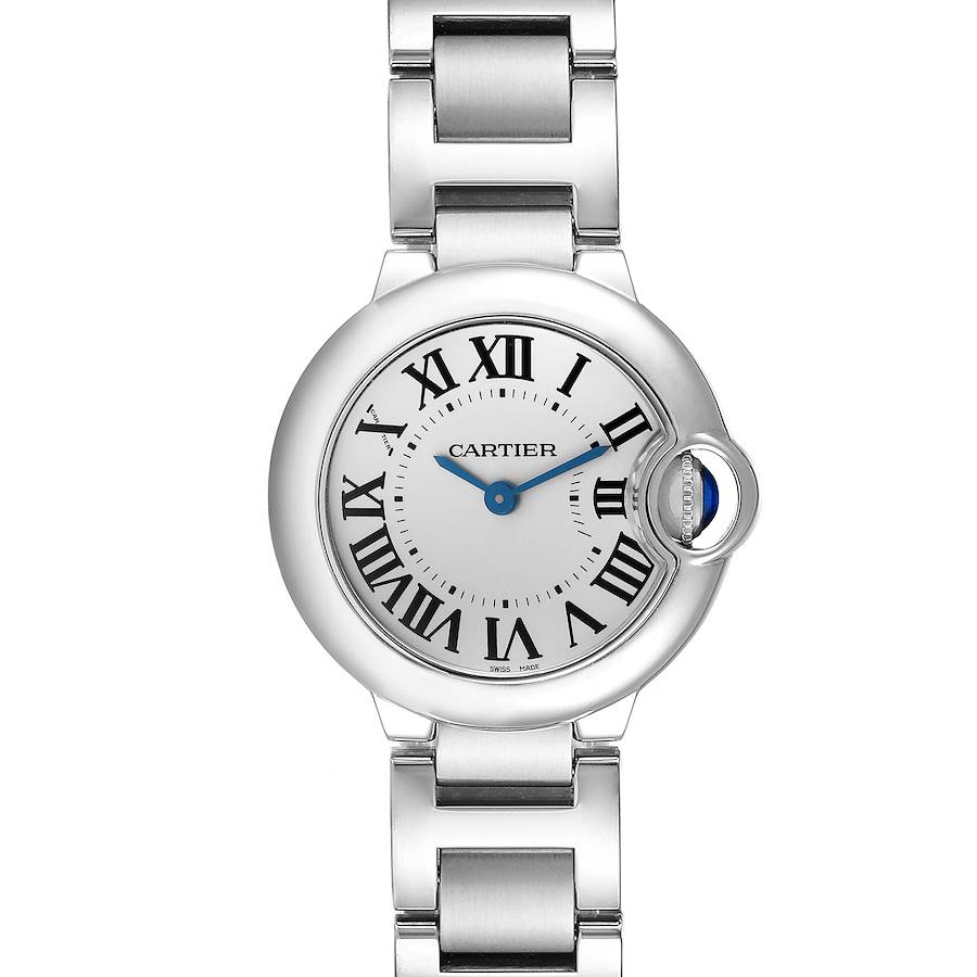 The Ballon Bleu by Cartier is shown from the front, displaying the face, case, and part of the metal bracelet.