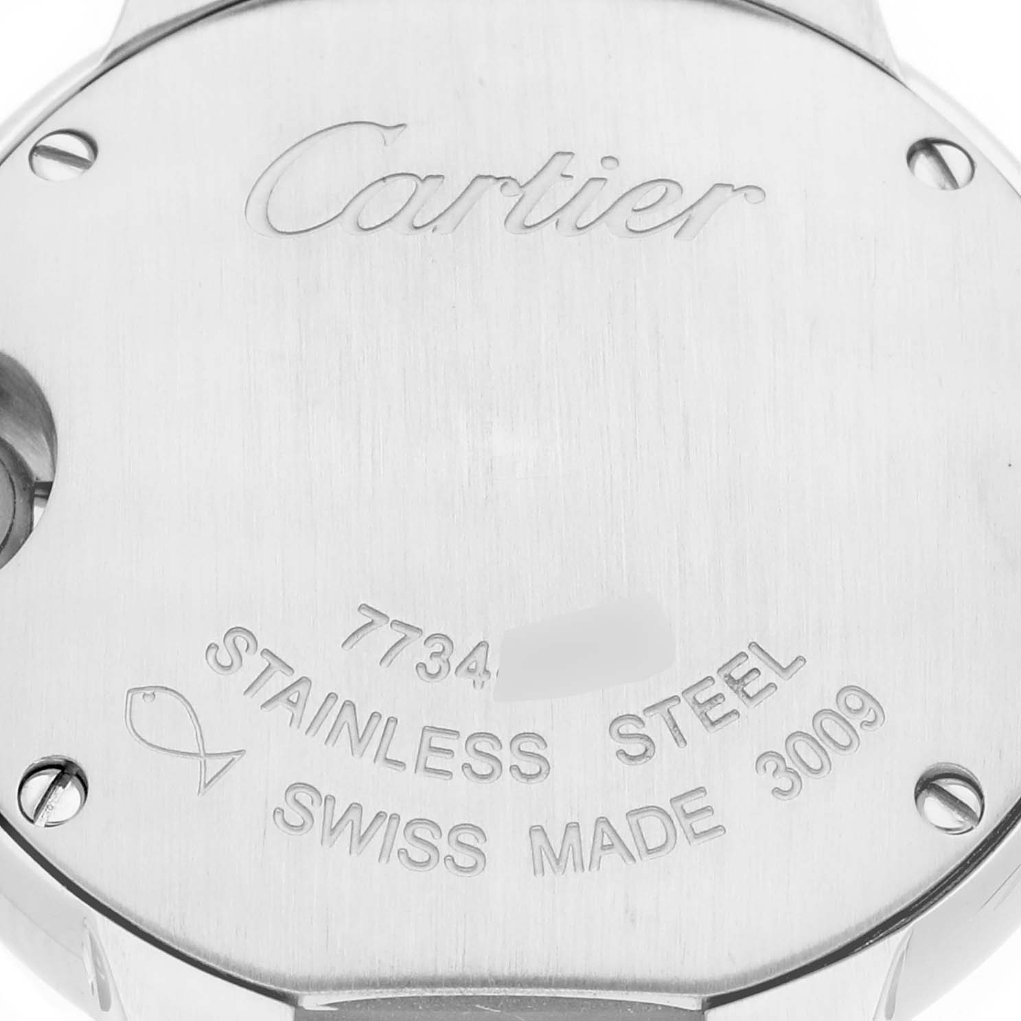 The image shows the back case of the Cartier Ballon Bleu W69010Z4 Women
s Stainless Steel Silver Dial W69010Z4 Women
s Stainless Steel Silver Dial watch, displaying engravings and screw details.